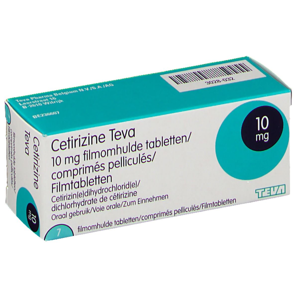 Doosje Cetirizine Teva 10 mg filmomhulde tabletten. Turquoise-wit design. 7 tabletten. Teva-logo.