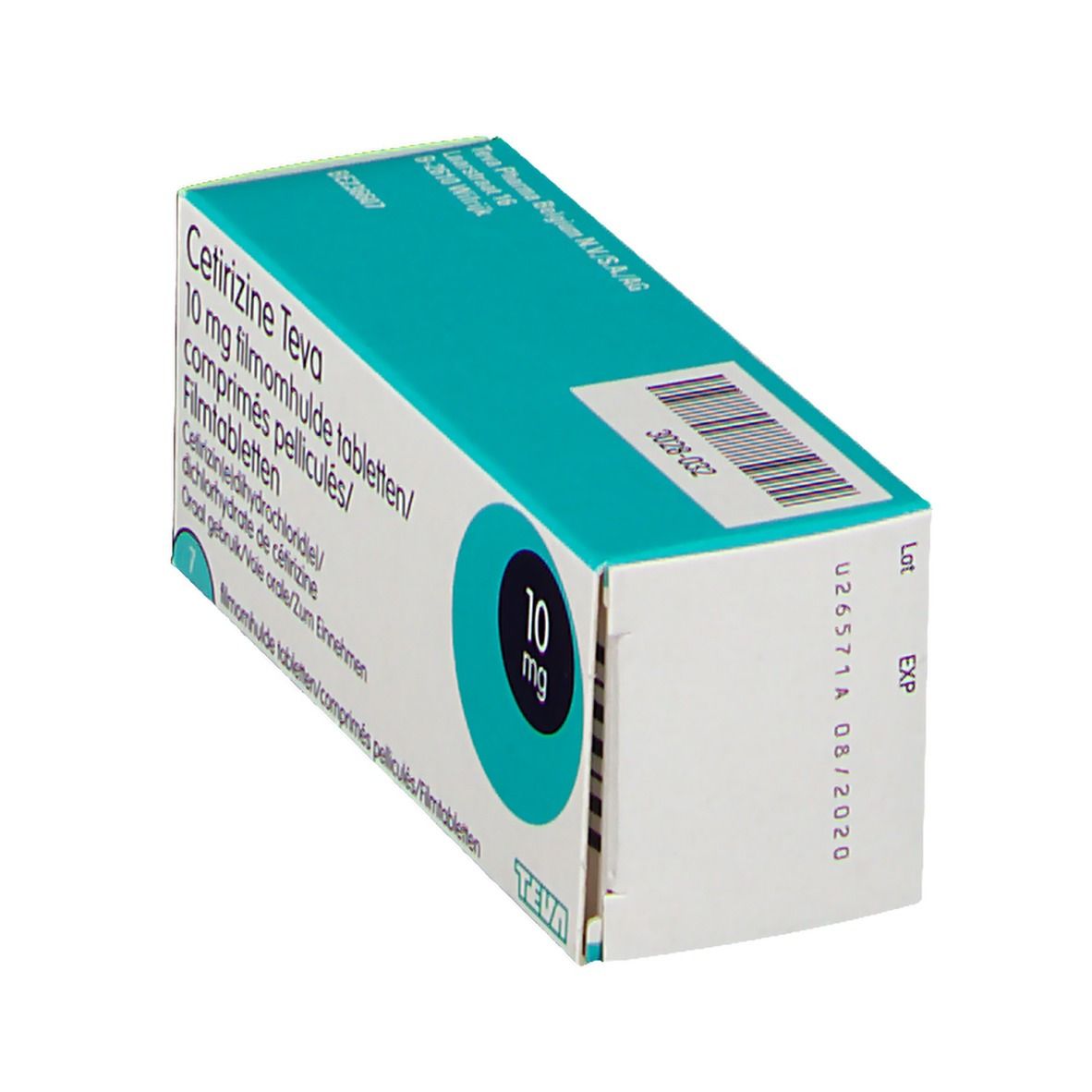 Doosje Cetirizine Teva 10 mg. Turquoise-wit design. Barcode en vervaldatum. Teva-logo.
