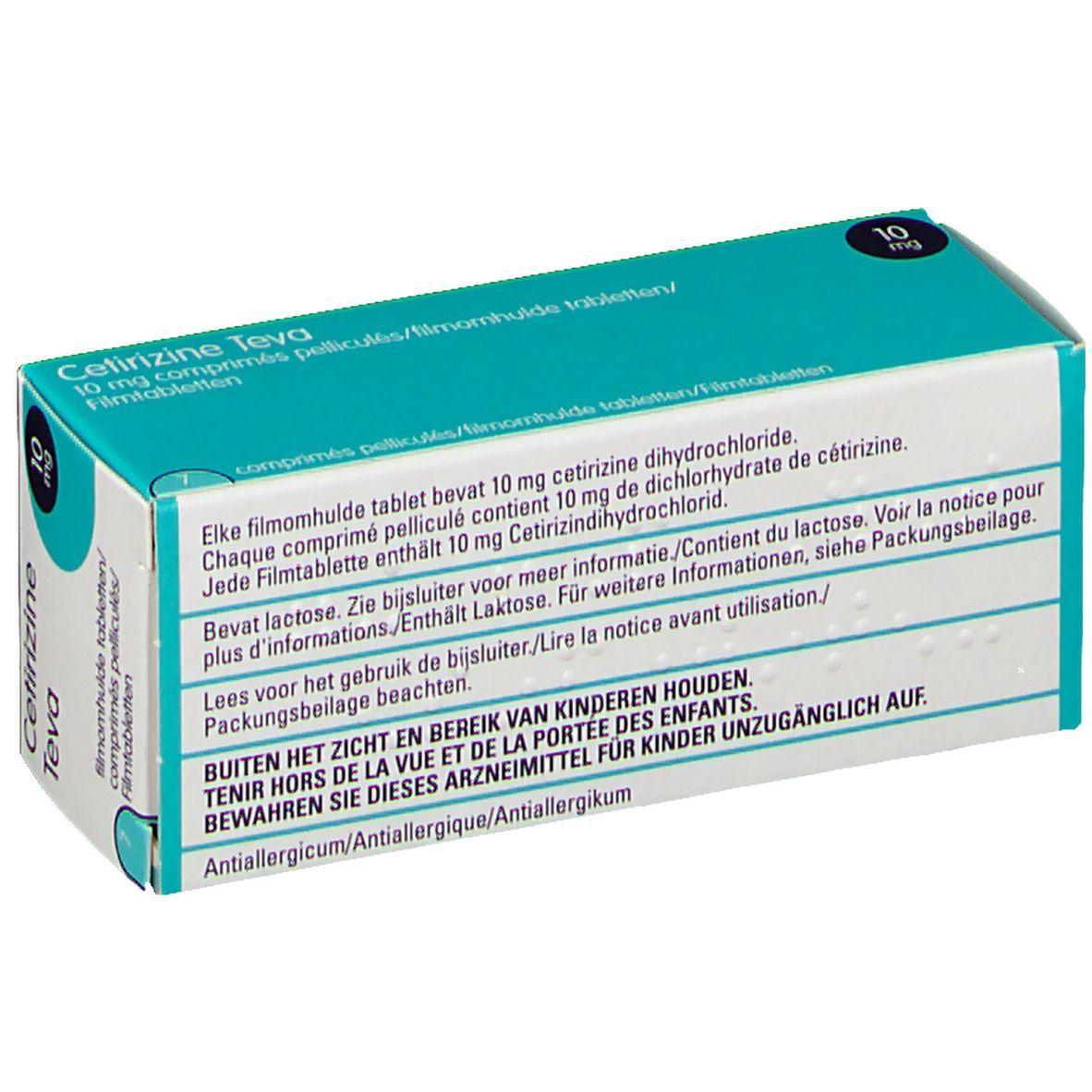 Achterkant van de doos Cetirizine Teva 10 mg. Meertalige tekst. Turquoise-wit design.