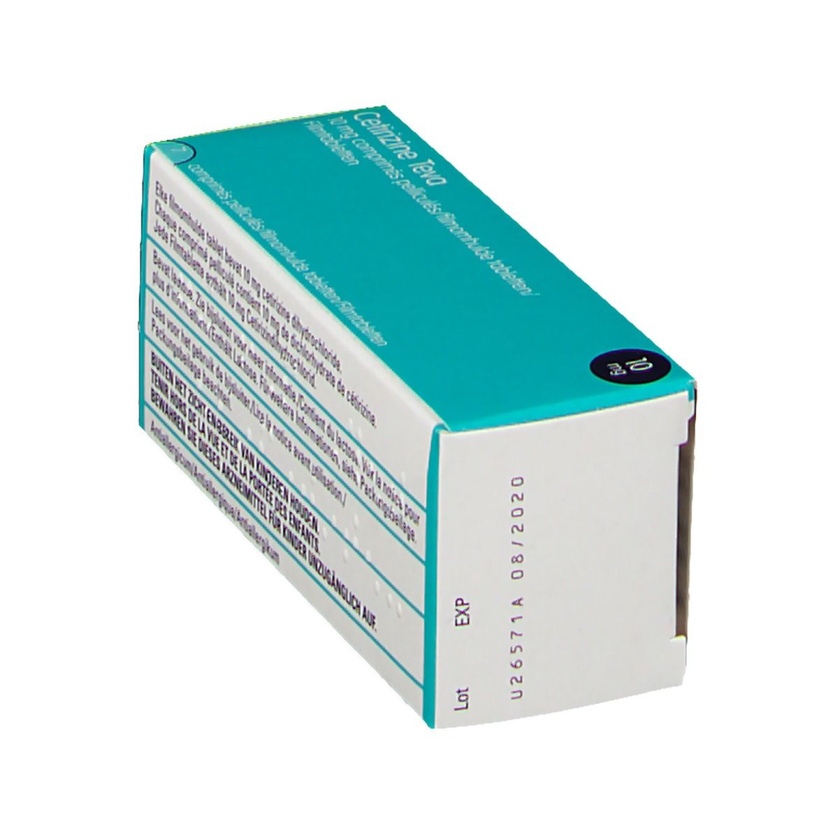 Doosje Cetirizine Teva 10 mg. Turquoise-wit design. Vervaldatum. Teva-logo.