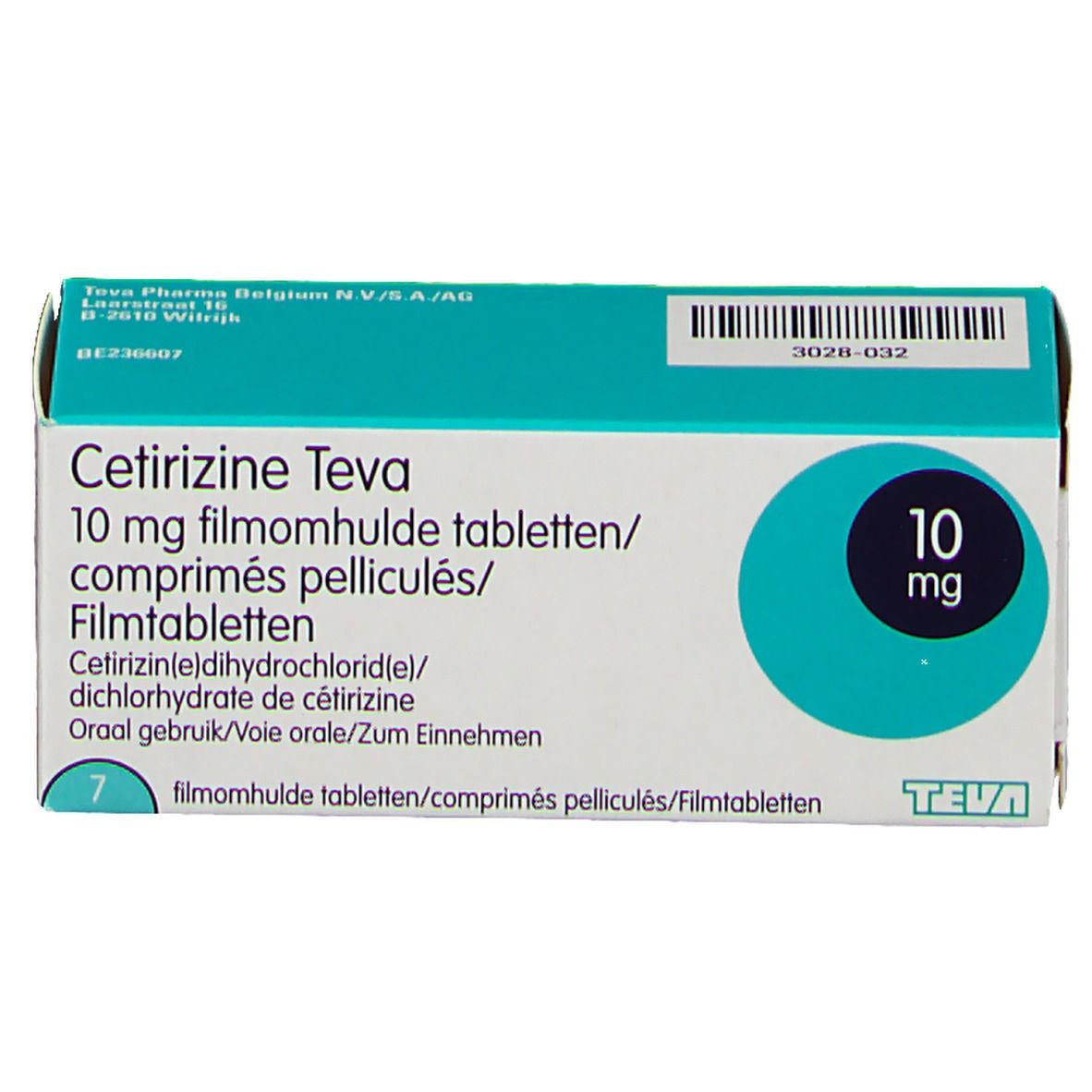 Doosje Cetirizine Teva 10 mg filmomhulde tabletten. Turquoise-wit design. 7 tabletten. Teva-logo.