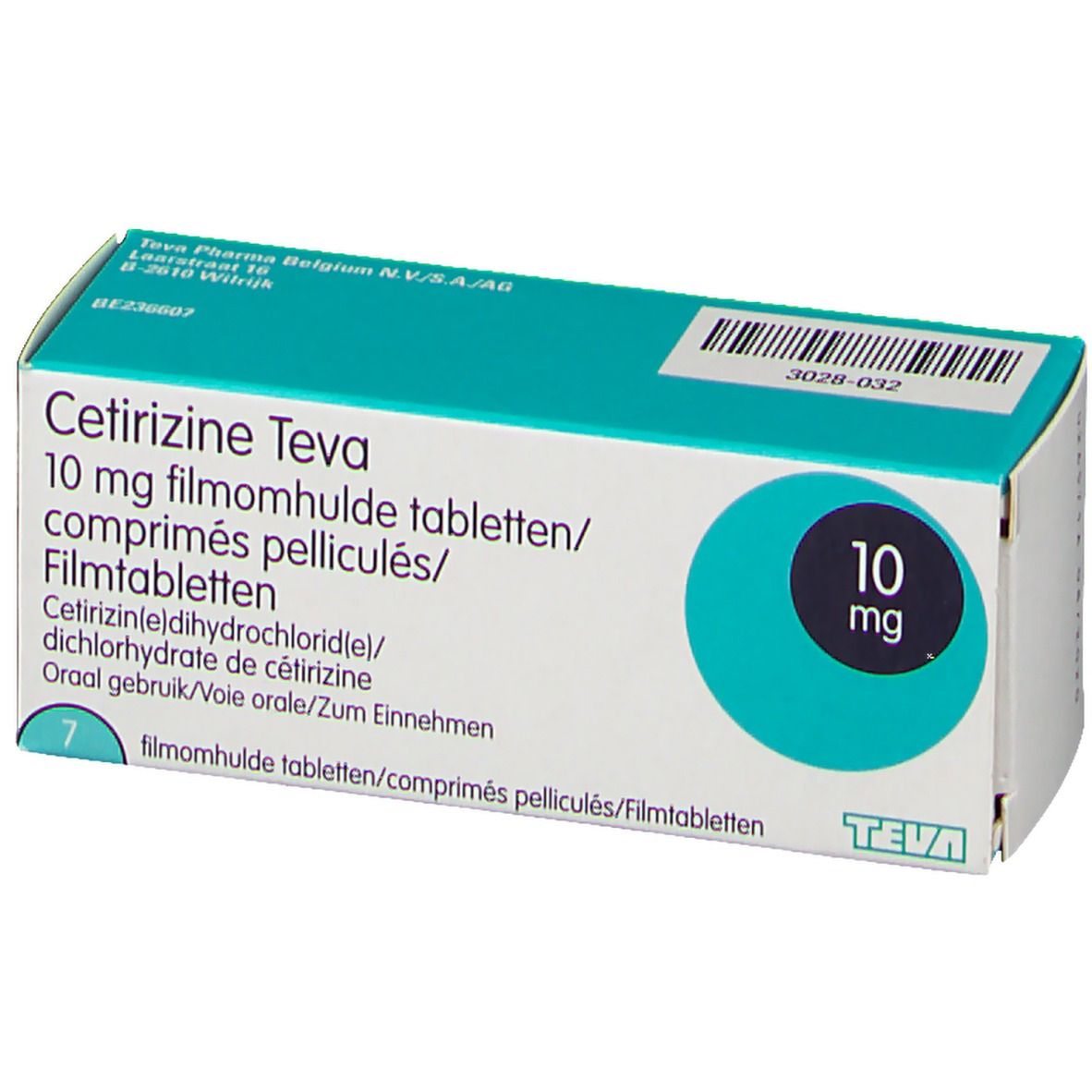Doosje Cetirizine Teva 10 mg filmomhulde tabletten. Turquoise-wit design. 7 tabletten. Teva-logo.