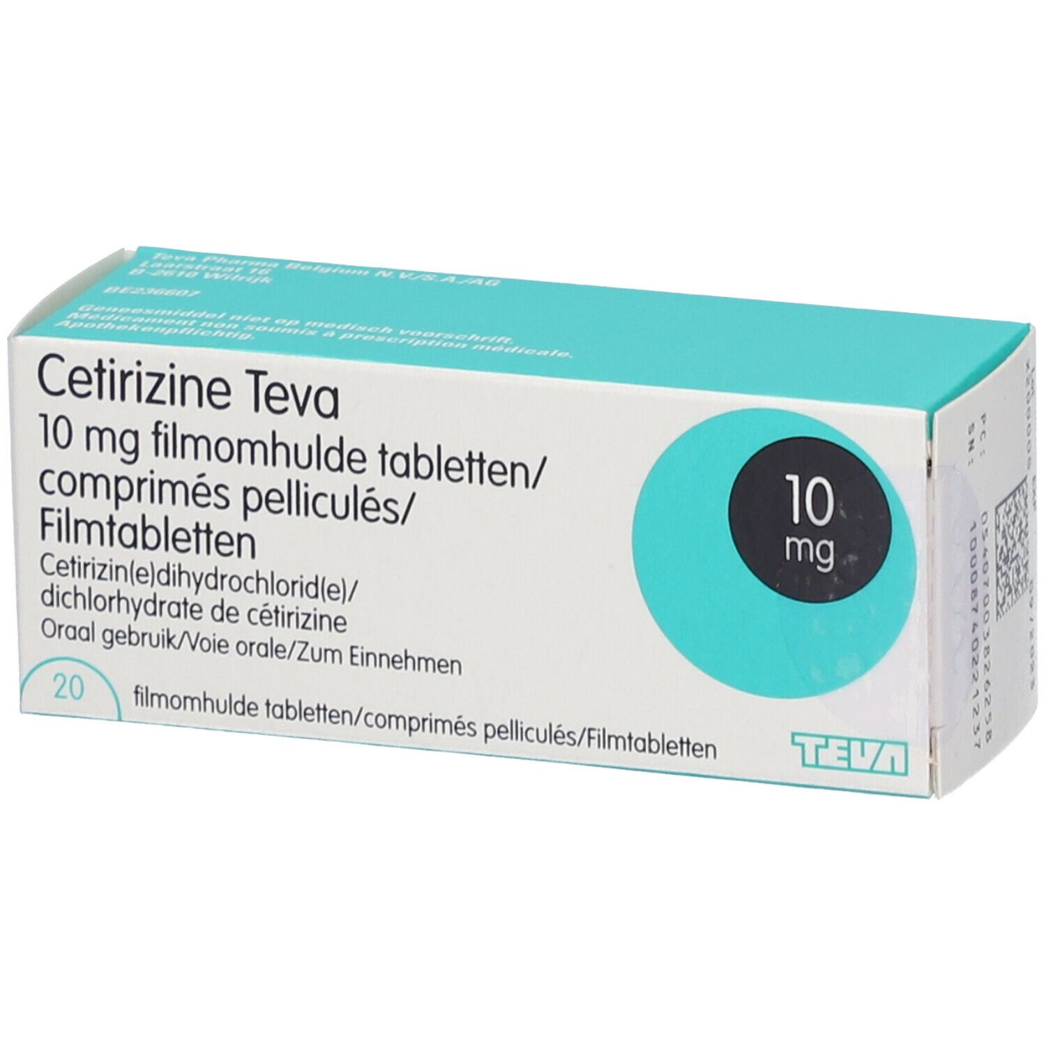 Boîte de Cetirizine Teva 10 mg comprimés pelliculés. Design turquoise et blanc. Inscriptions : nom, dosage, ingrédients, quantité.