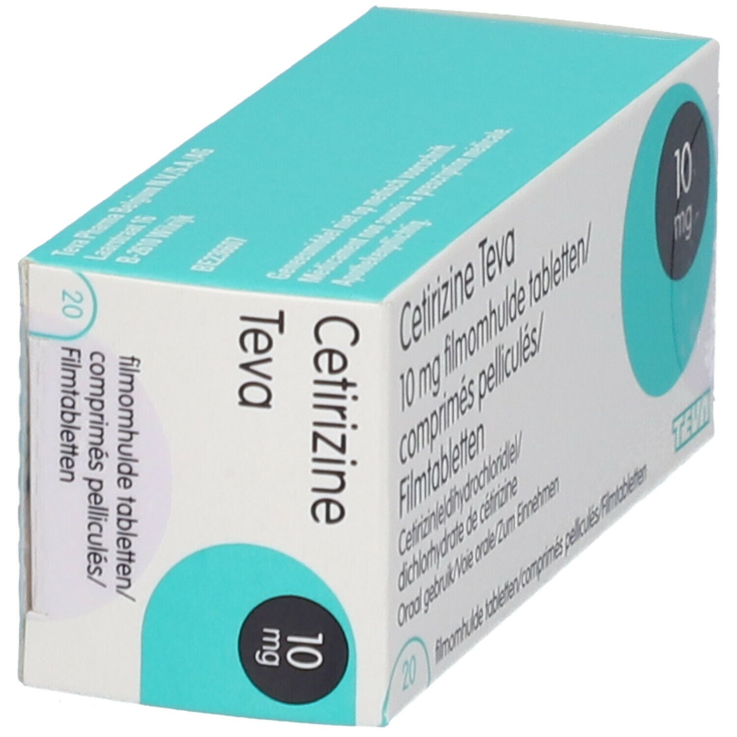 Boîte Cetirizine Teva 10 mg. Design turquoise et blanc. Inscriptions : nom, dosage, ingrédients, quantité. Logo Teva.