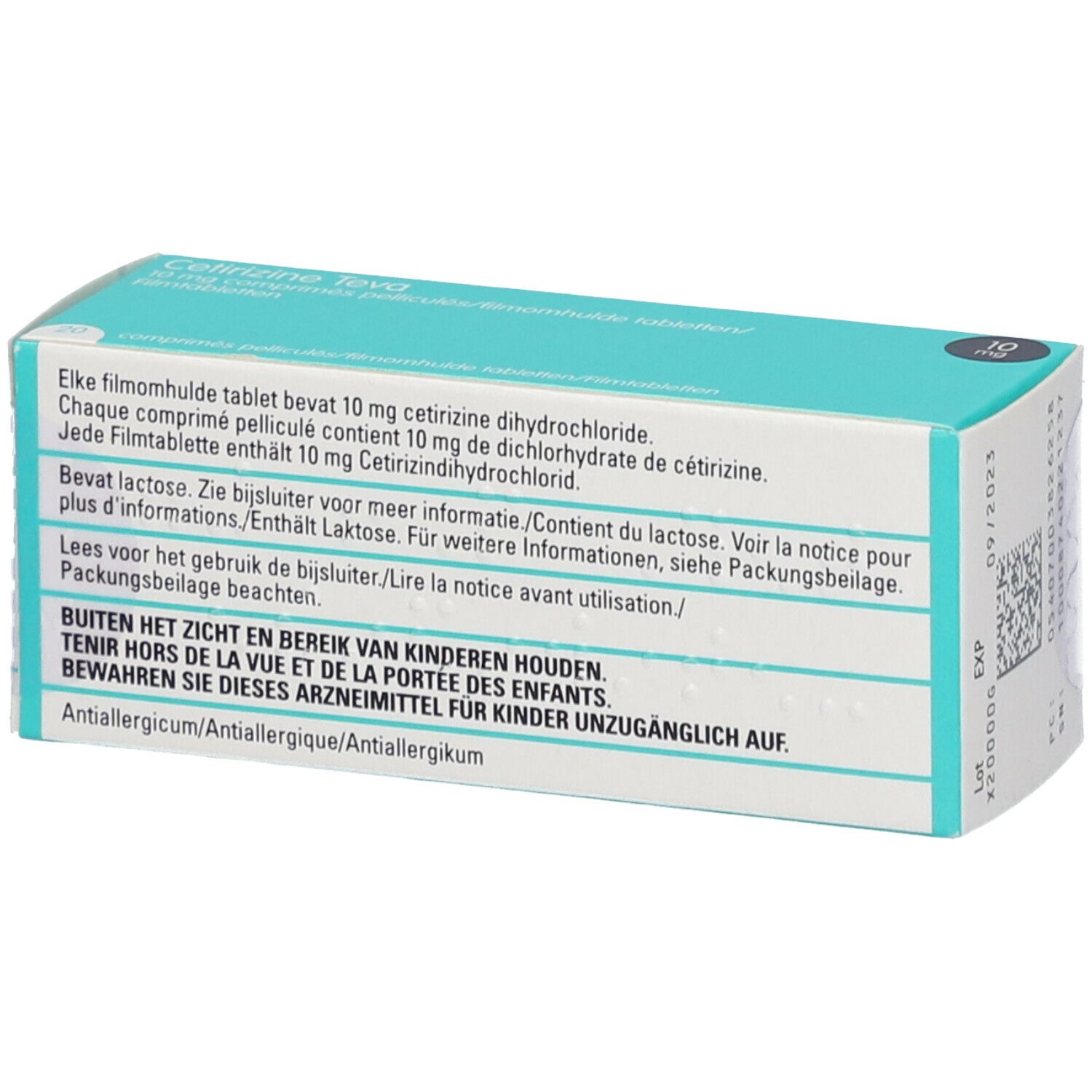Dos de la boîte de Cetirizine Teva 10 mg. Turquoise et blanc. Texte : ingrédients, avertissements, mode d'emploi, fabricant.