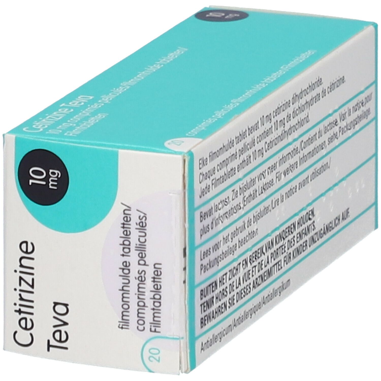 Boîte de Cetirizine Teva 10 mg. Design turquoise et blanc. Inscriptions : nom, dosage, ingrédients, quantité. Logo Teva.