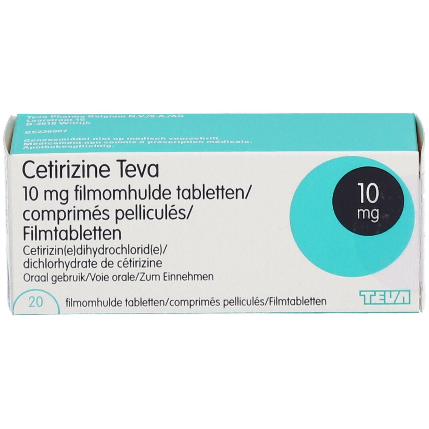 Boîte de Cetirizine Teva 10 mg. Design turquoise et blanc. Inscriptions : nom, dosage, ingrédients, quantité. Logo Teva.