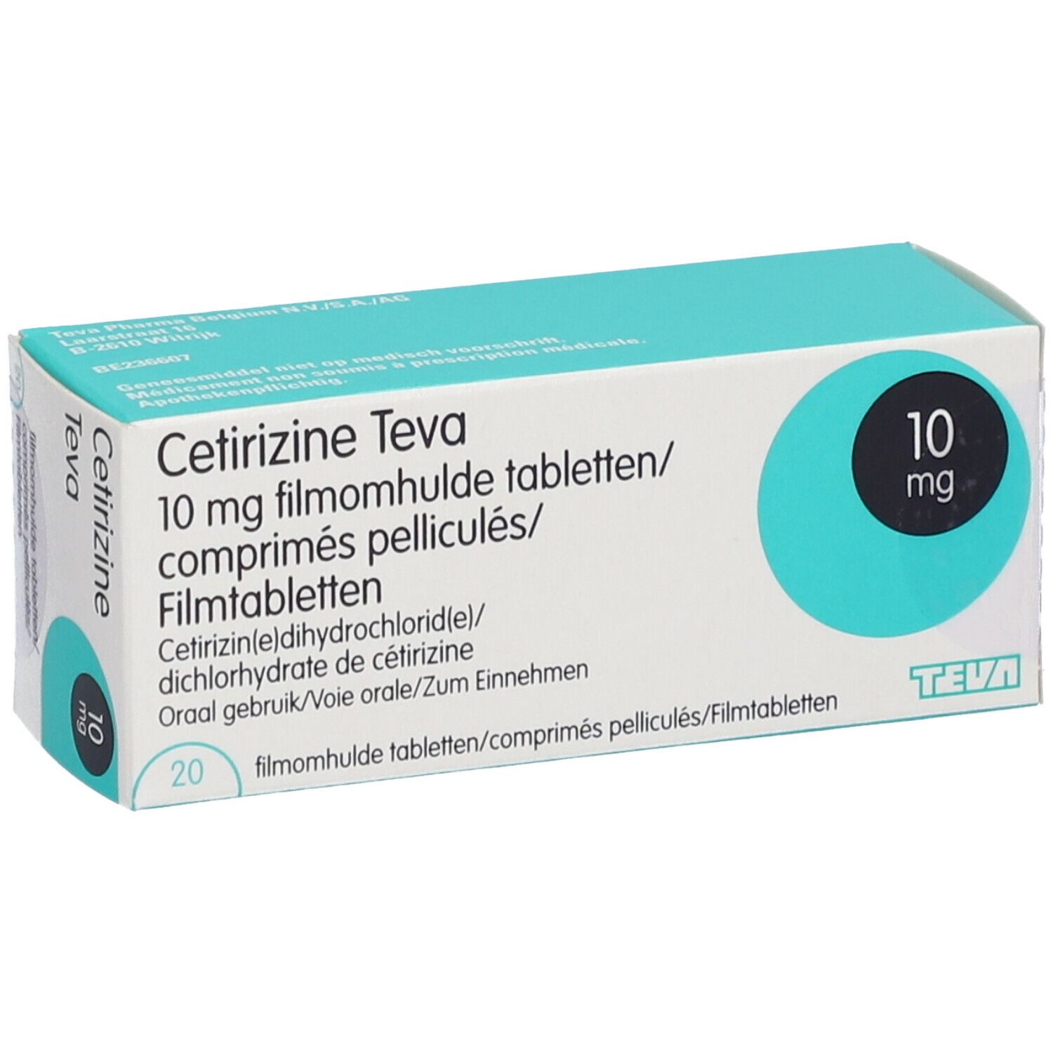 Boîte de Cetirizine Teva 10 mg. Design turquoise et blanc. Inscriptions : nom, dosage, ingrédients, quantité. Logo Teva.