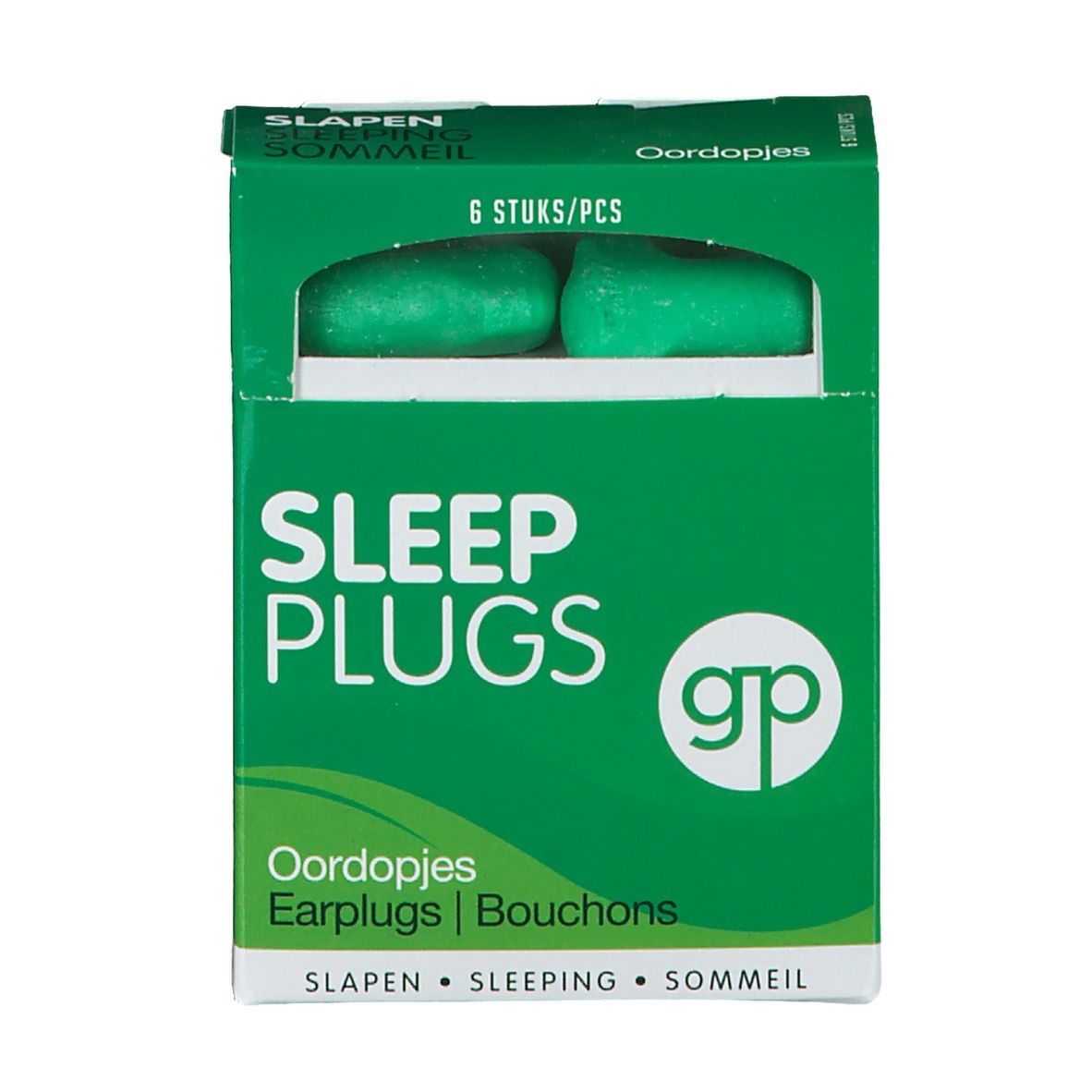 Emballage vert avec bouchons d'oreille verts. Inscription : Sleep Plugs, Oordopjes, Earplugs, Bouchons. 6 pièces.