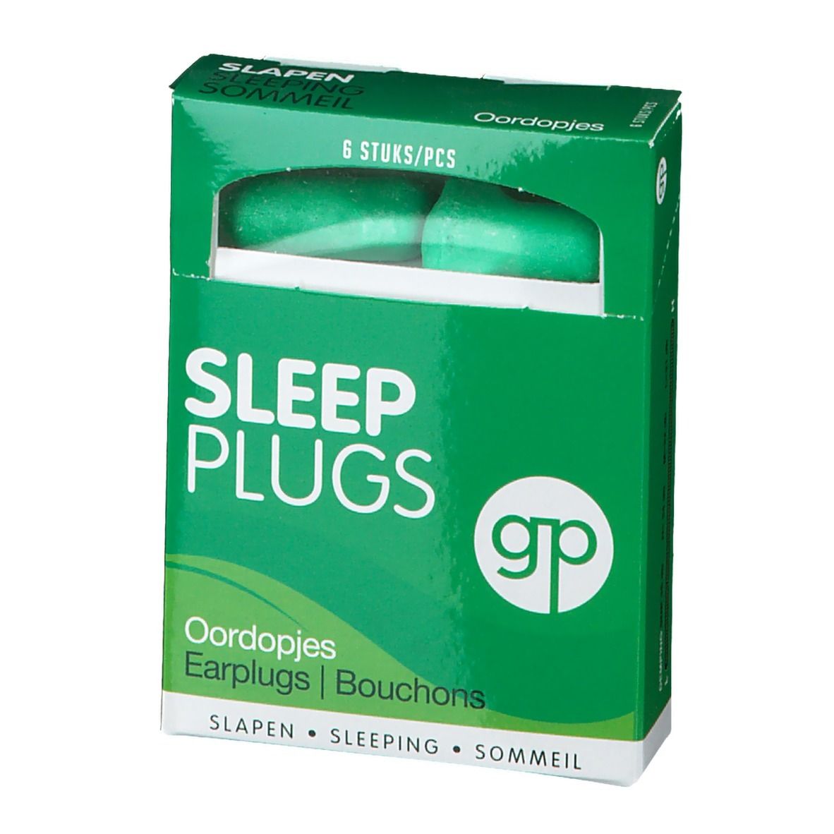 Emballage vert avec bouchons d'oreille verts. Inscription : Sleep Plugs, Oordopjes, Earplugs, Bouchons. 6 pièces.