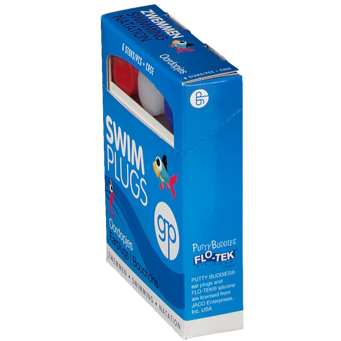 Blauwe doos met 6 gekleurde oordopjes. Opschrift: SWIM PLUGS, gp-logo, Oordopjes, Earplugs, Bouchons, Putty Buddies.