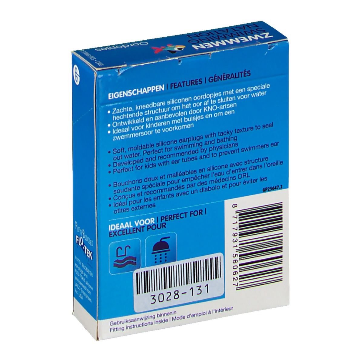 Achterkant van de blauwe doos. Opschrift: Eigenschappen, Features, Ideaal voor, 3028-131, CE-markering, barcode.