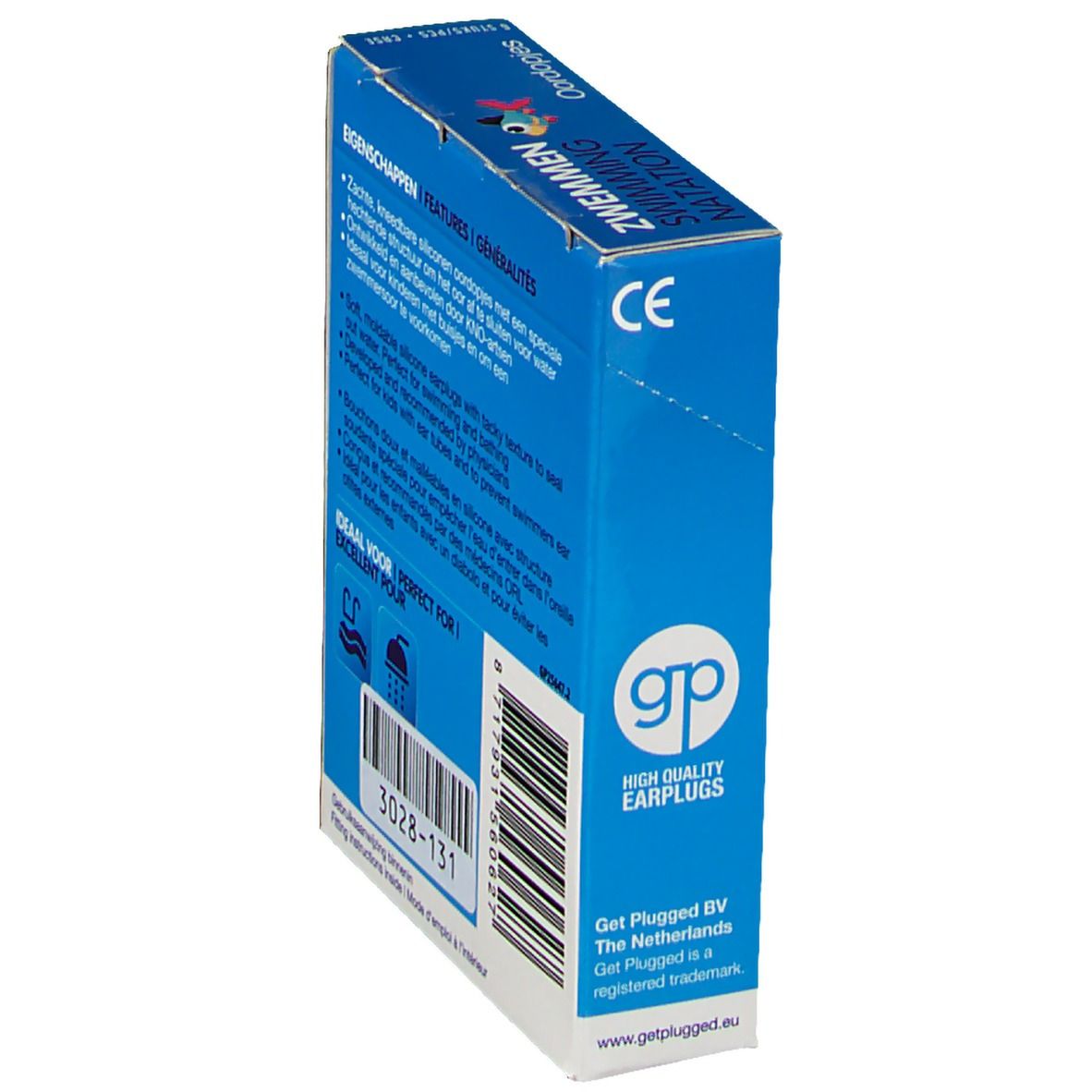 Blauwe doos. Opschrift: Eigenschappen, Features, Ideaal voor, gp-logo, 3028-131, CE-markering, barcode.