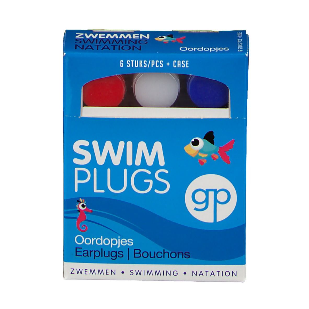 Blauwe doos met 6 gekleurde oordopjes. Opschrift: SWIM PLUGS, gp-logo, Oordopjes, Earplugs, Bouchons.