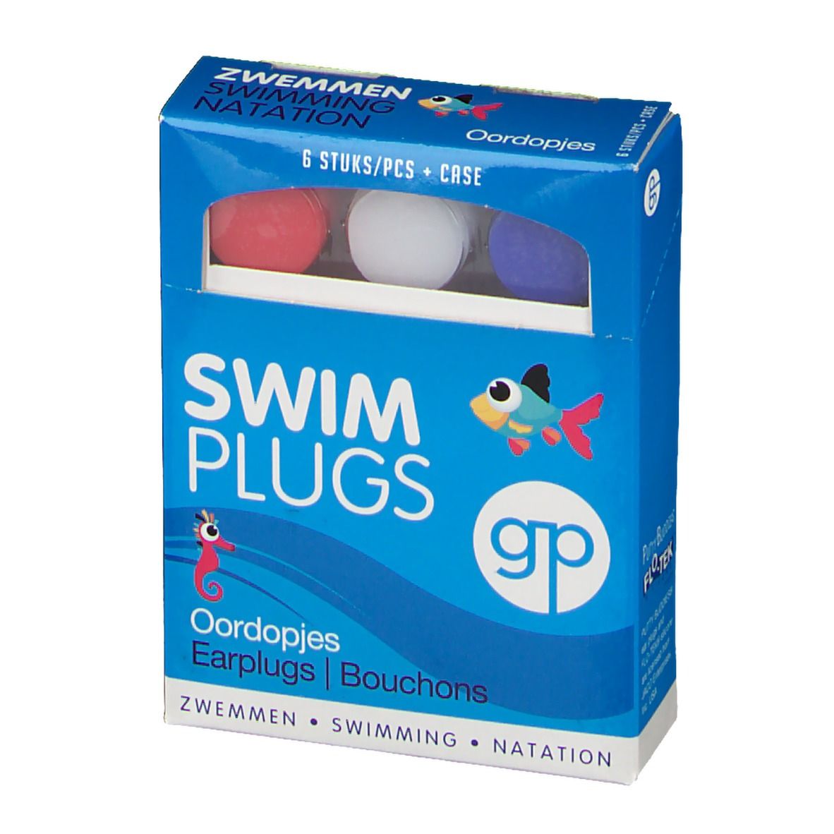 Blauwe doos met 6 gekleurde oordopjes. Opschrift: SWIM PLUGS, gp-logo, Oordopjes, Earplugs, Bouchons.