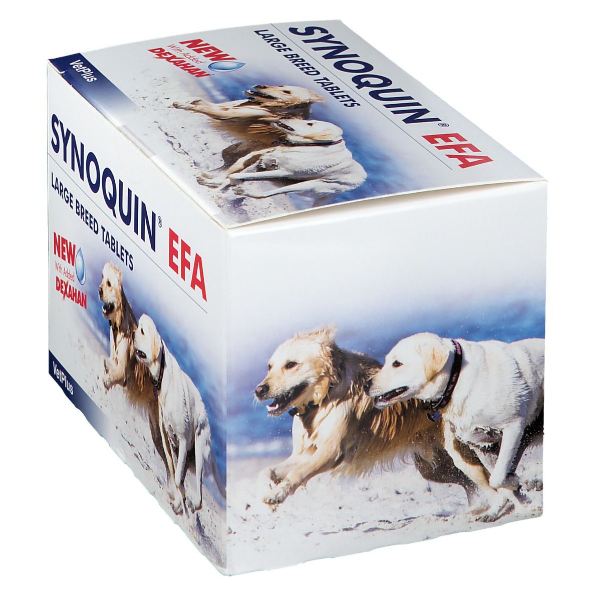 Confezione "Synoquin EFA Large Breed Tablets". Immagini di cani. Scritta "New with Dexahan". Logo VetPlus.