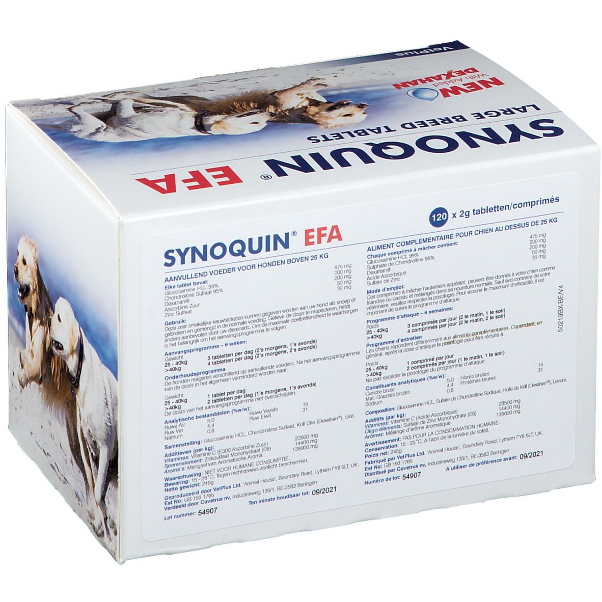 Confezione "Synoquin EFA Large Breed Tablets". Retro con informazioni. Immagini di cani. Scritta "120 x 2g tablets".
