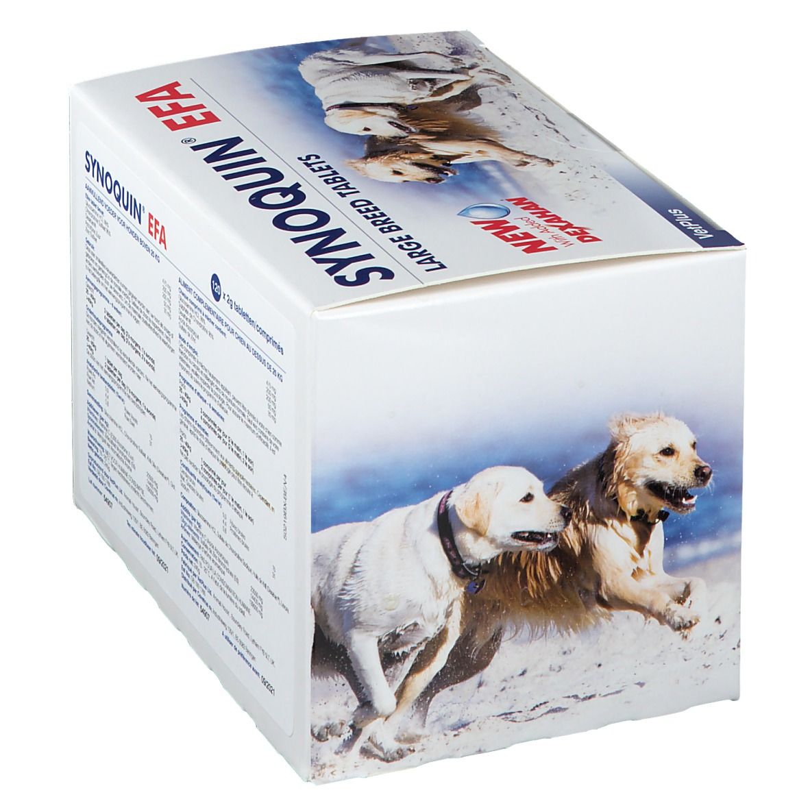 Confezione "Synoquin EFA Large Breed Tablets". Immagini di cani. Scritta "New with Dexahan". Logo VetPlus.