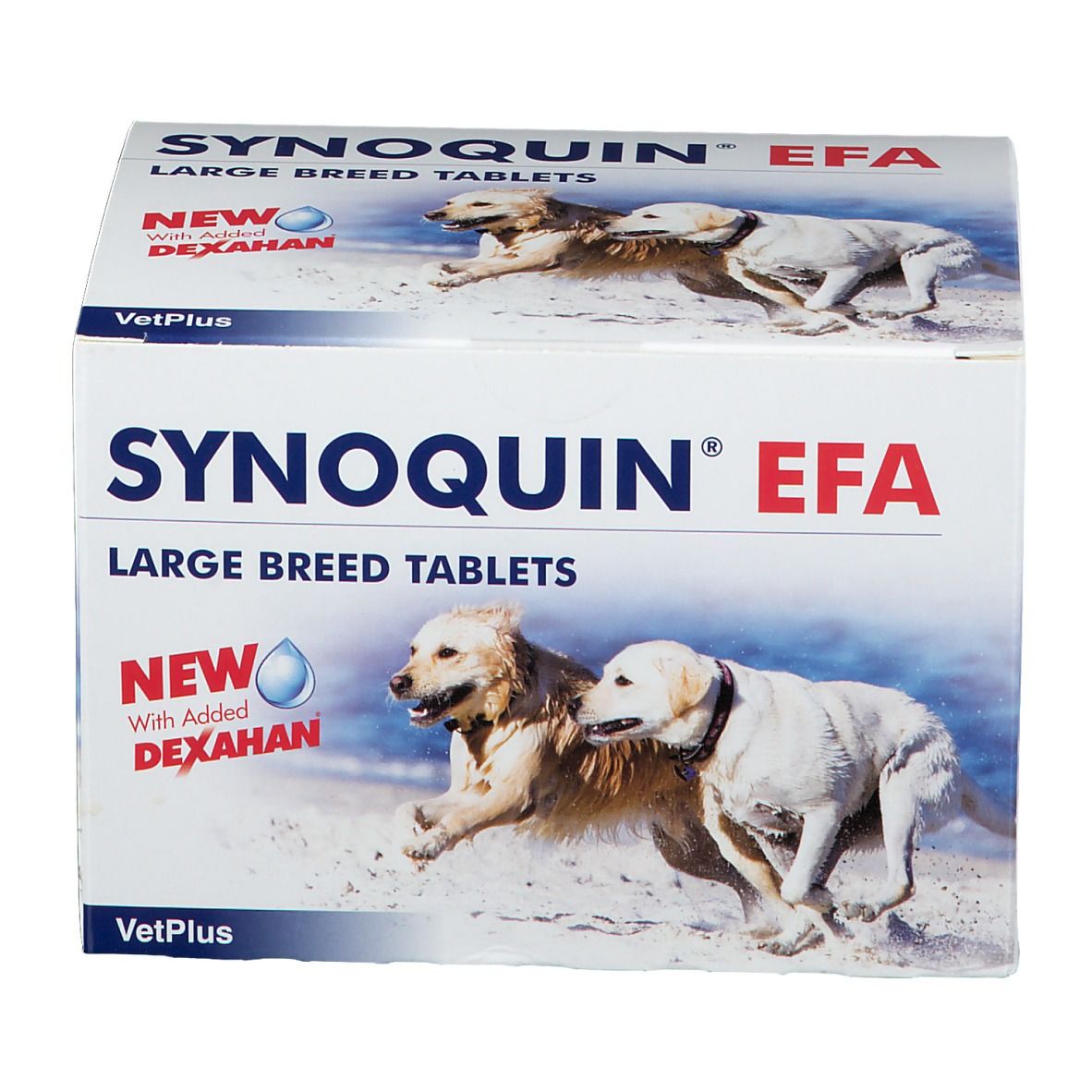 Confezione "Synoquin EFA Large Breed Tablets". Immagini di cani. Scritta "New with Dexahan". Logo VetPlus.