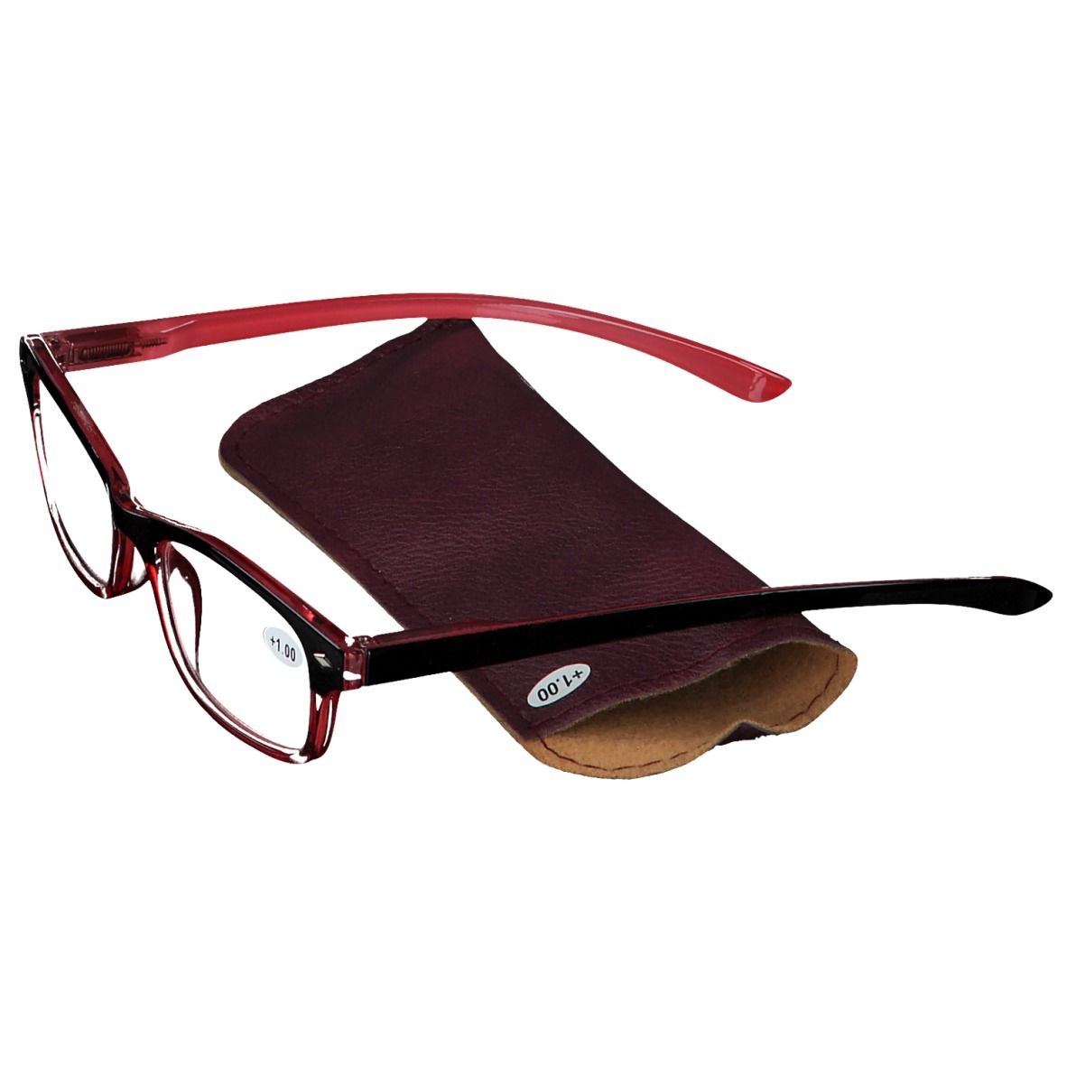 Lunettes à monture rouge et étui. +1.00 est inscrit sur le verre. L'étui est marron.
