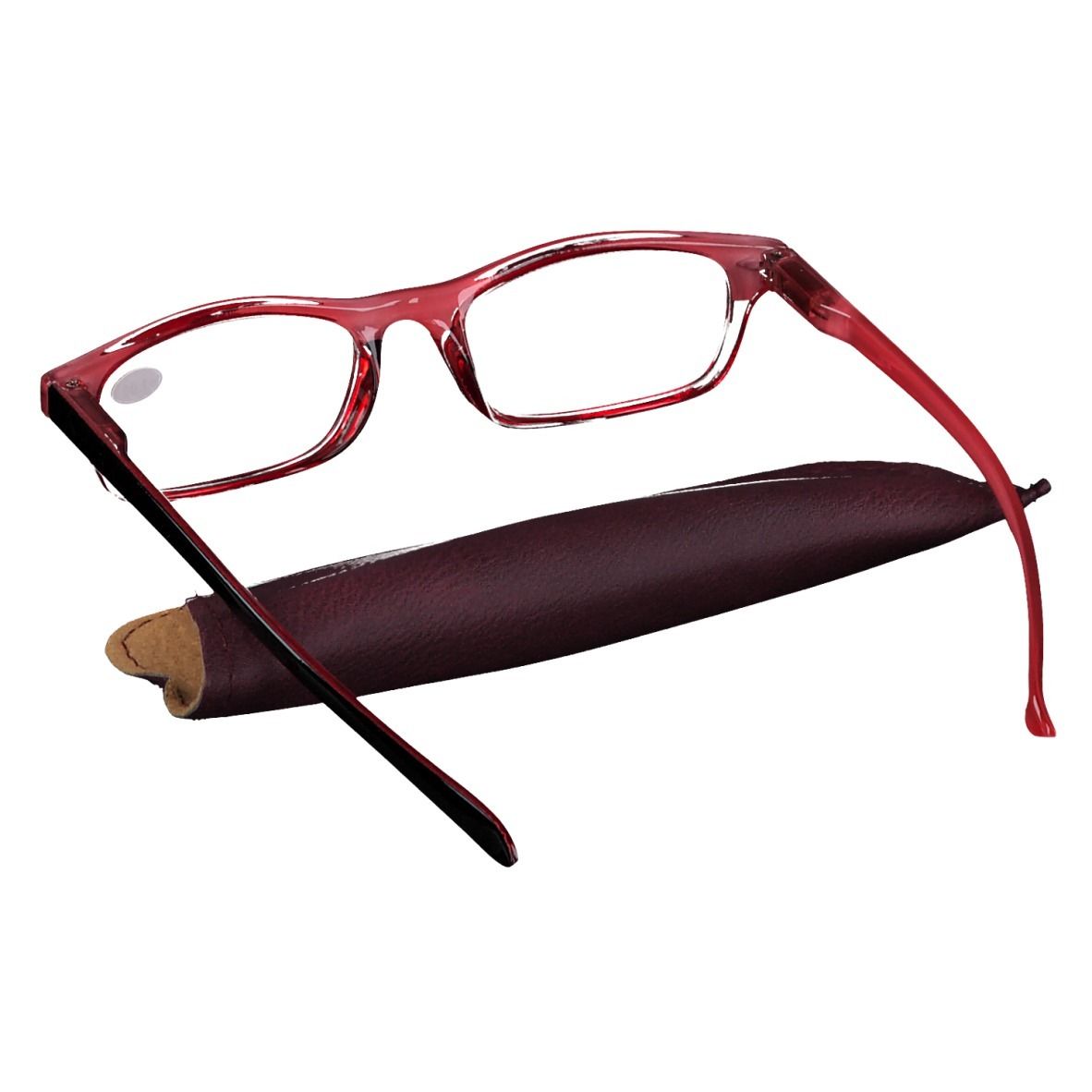Lunettes à monture rouge et étui. +1.00 est inscrit sur le verre. L'étui est marron.