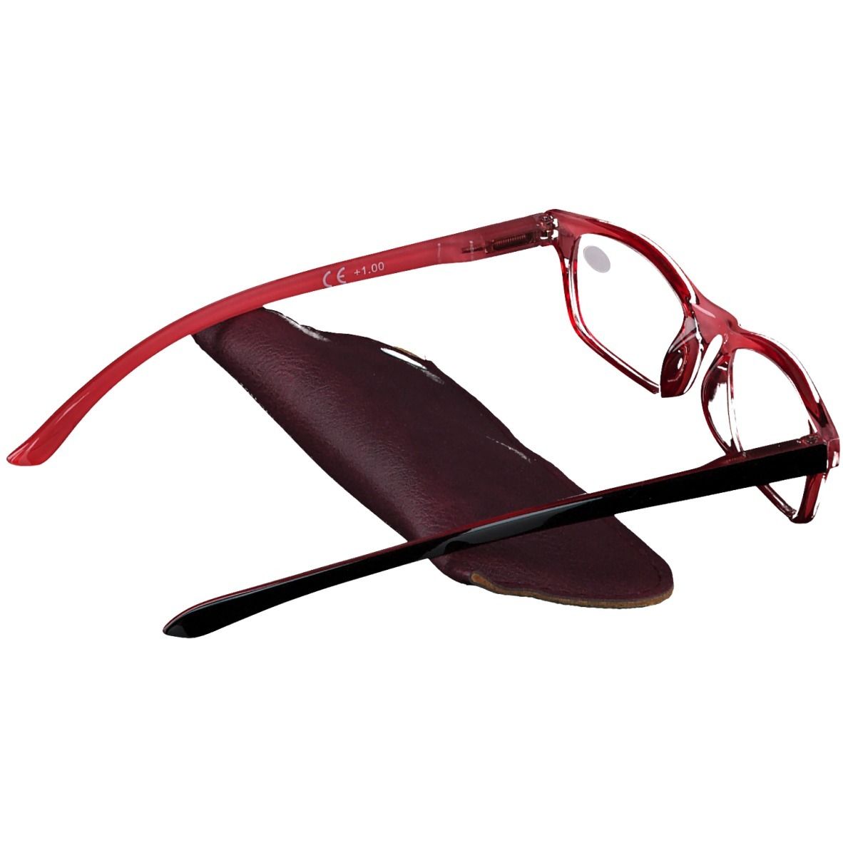 Lunettes à monture rouge et étui. +1.00 est inscrit sur le verre. L'étui est marron.