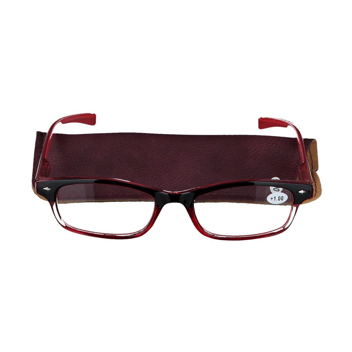 Lunettes à monture rouge et étui. +1.00 est inscrit sur le verre. L'étui est marron.