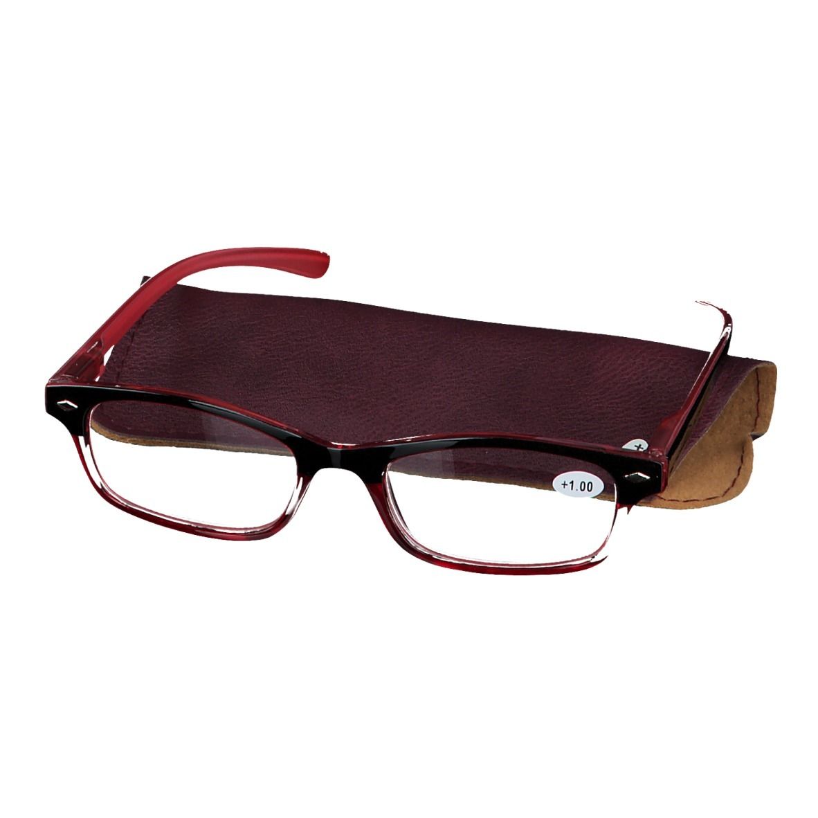 Lunettes à monture rouge et étui. +1.00 est inscrit sur le verre. L'étui est marron.