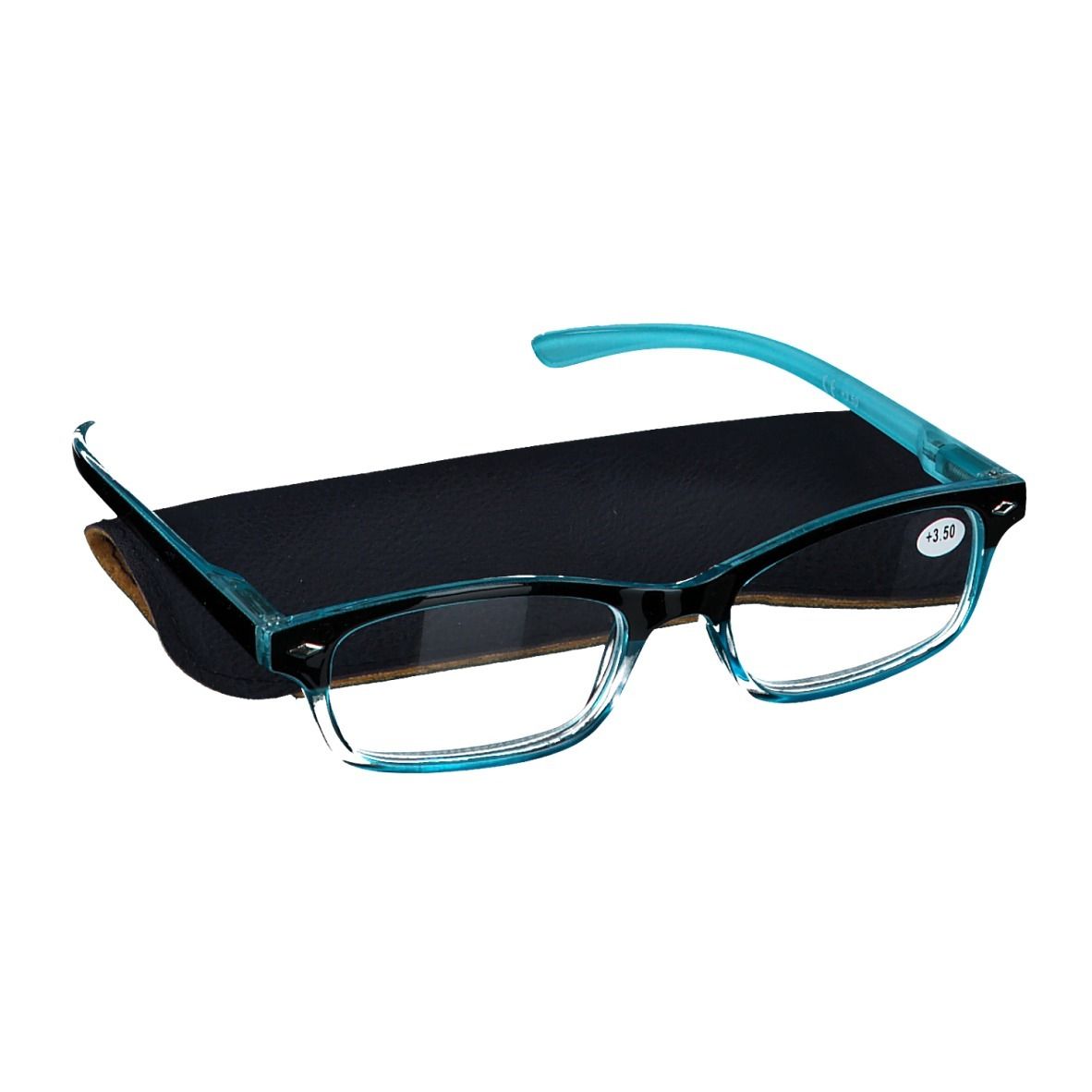Lunettes bleues et étui noir. Verres +3.50. Forme rectangulaire.