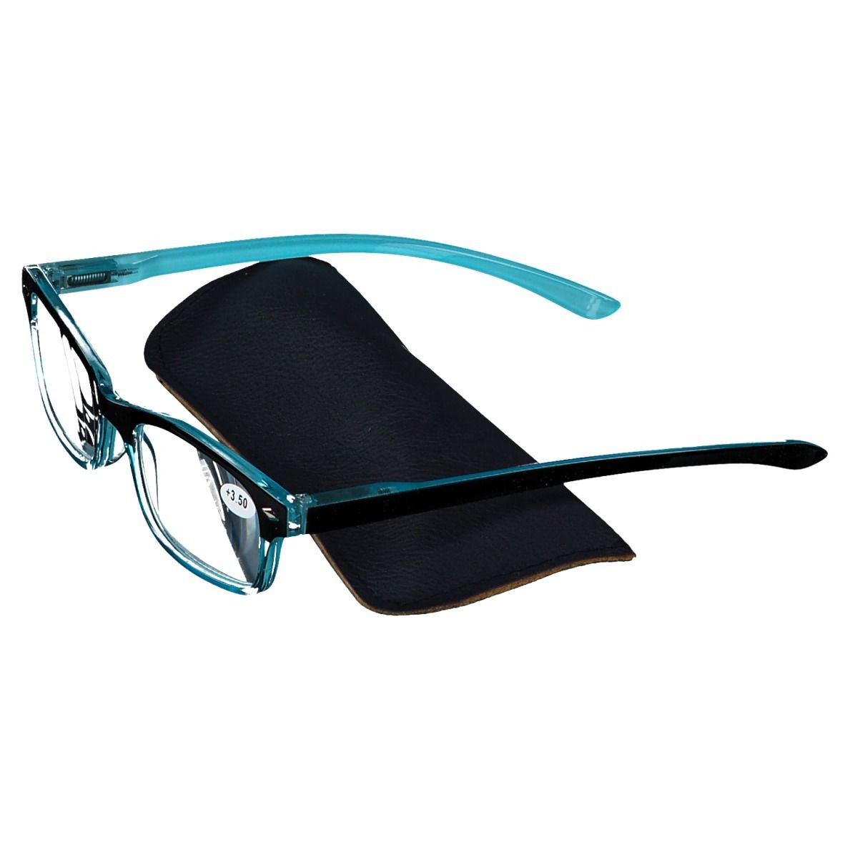 Lunettes bleues et étui noir. Verres +3.50. Forme rectangulaire.