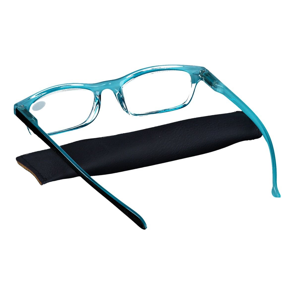 Lunettes bleues et étui noir. Verres +3.50. Forme rectangulaire.