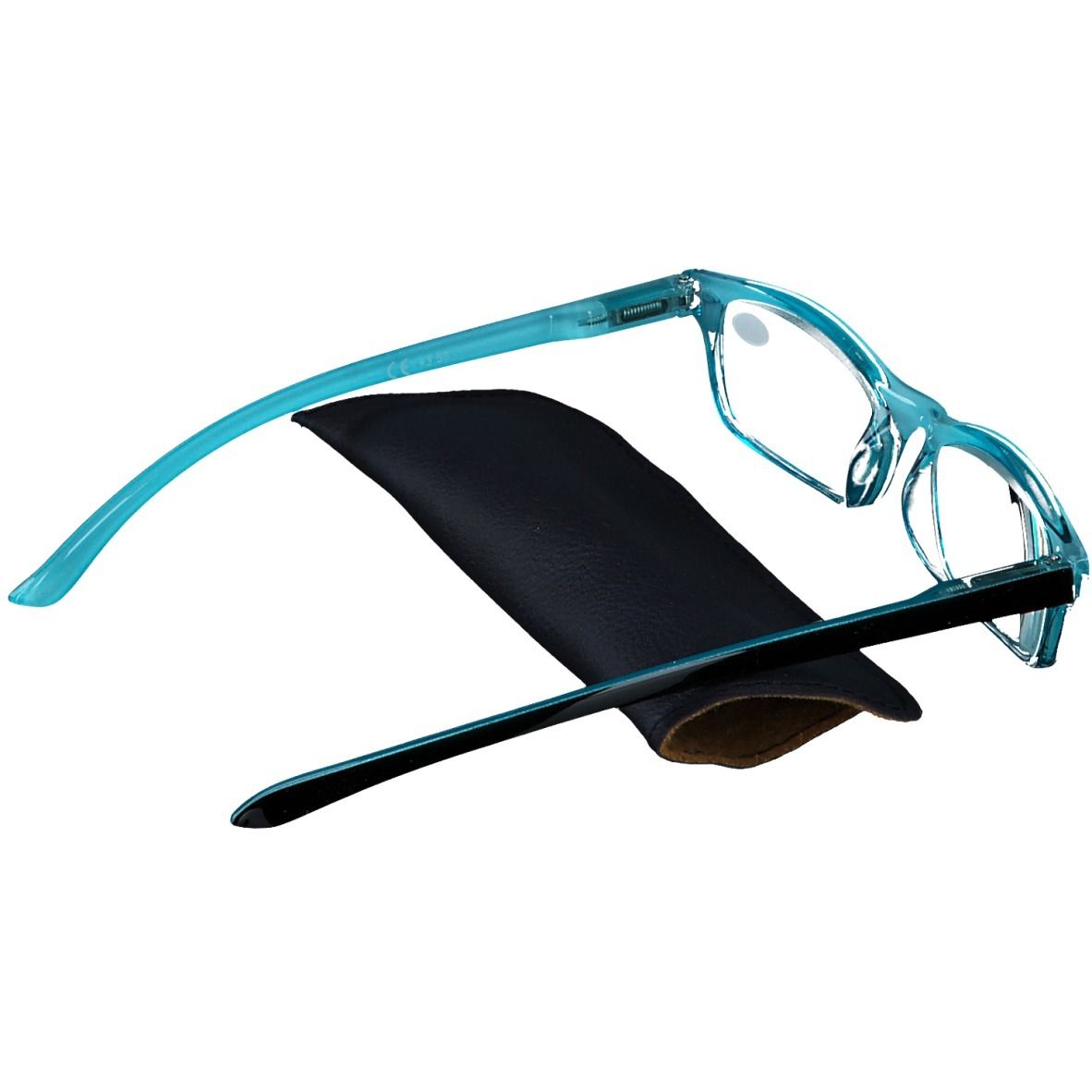 Lunettes bleues et étui noir. Verres +3.50. Forme rectangulaire.