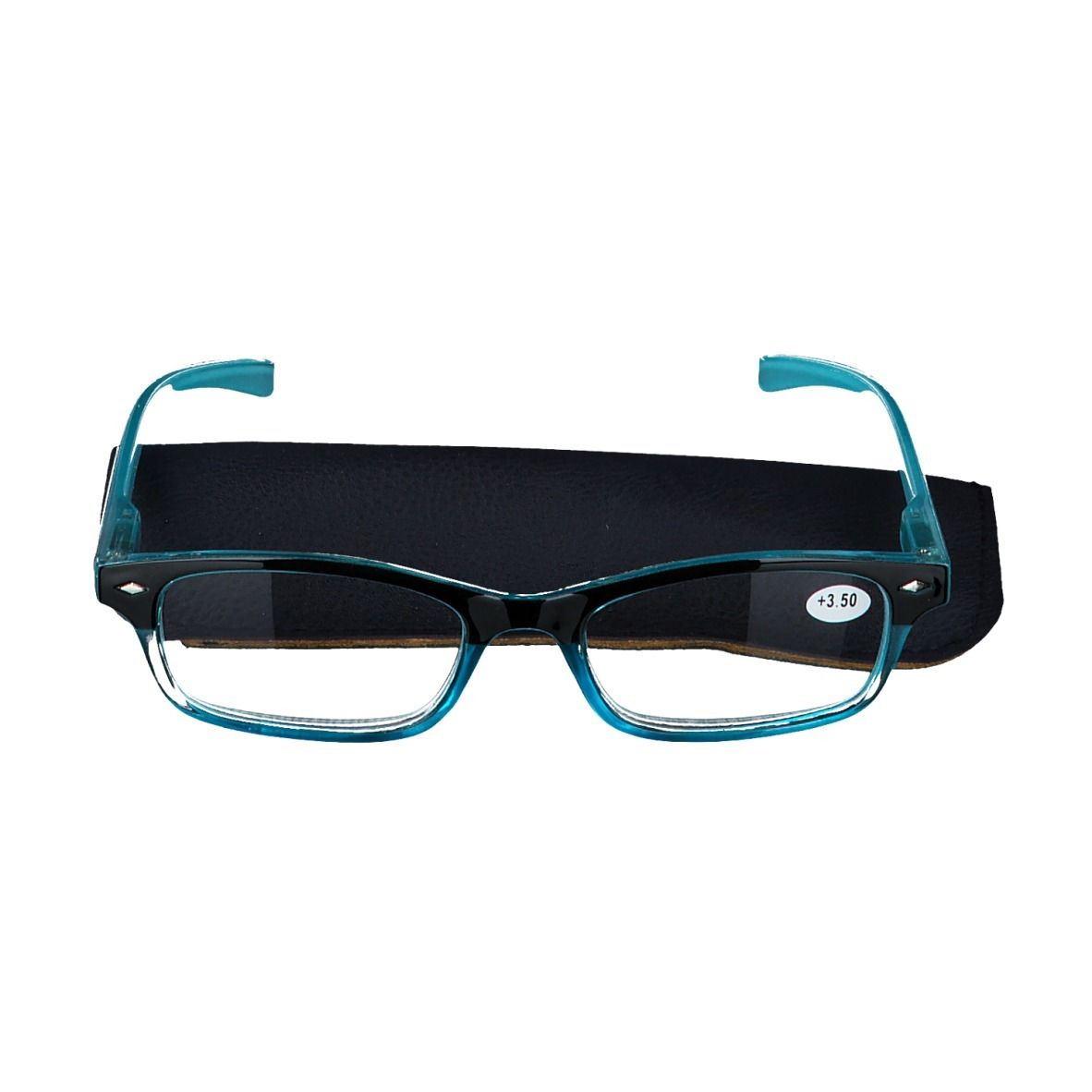 Lunettes bleues et étui noir. Verres +3.50. Forme rectangulaire.