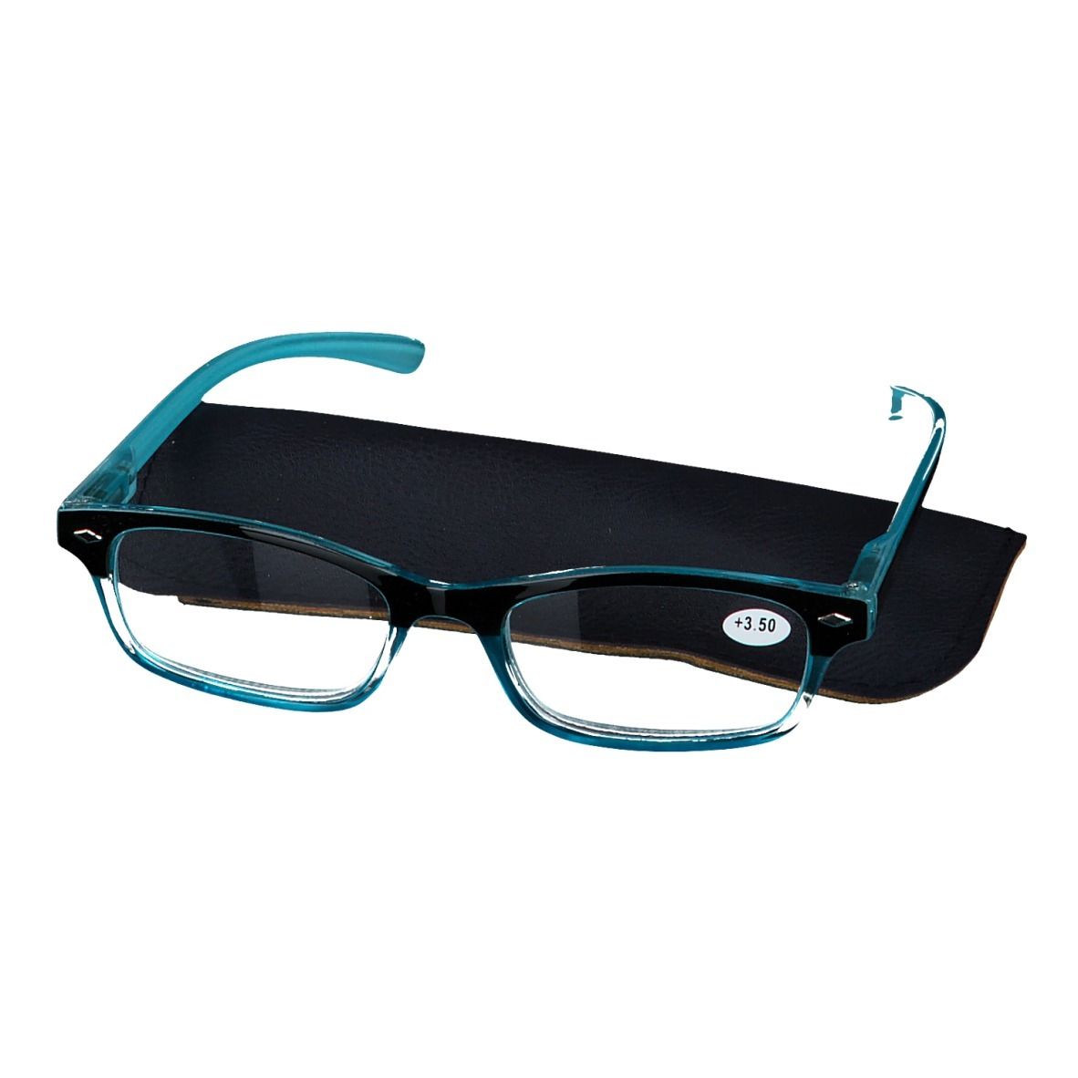 Lunettes bleues et étui noir. Verres +3.50. Forme rectangulaire.