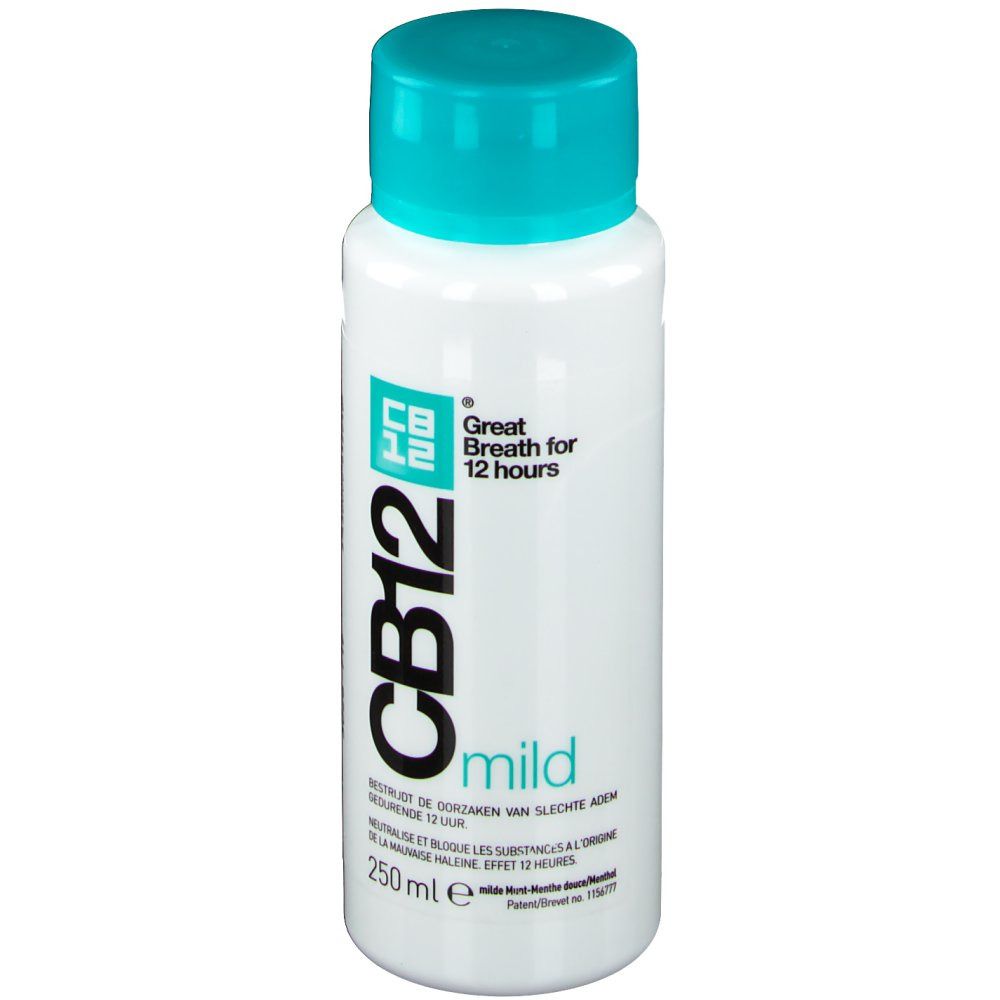 Flacone bianco con tappo turchese. Scritta CB12 mild, 250 ml. Testo: Great Breath for 12 hours.