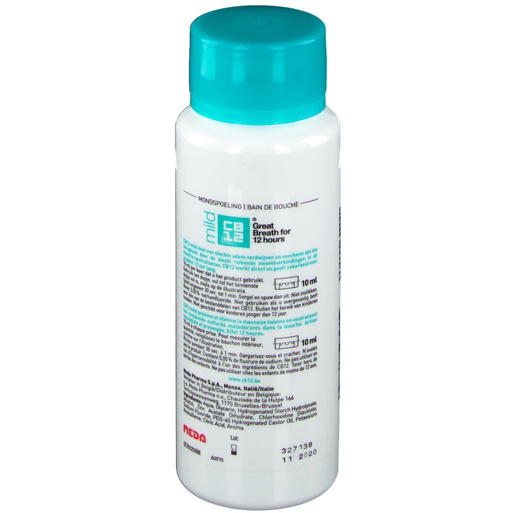 Retro del flacone bianco con tappo turchese. Testo e ingredienti. Scritta CB12 mild.