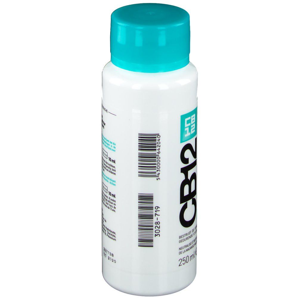 Flacone bianco con tappo turchese. Codice a barre e testo. Scritta CB12 mild, 250 ml.