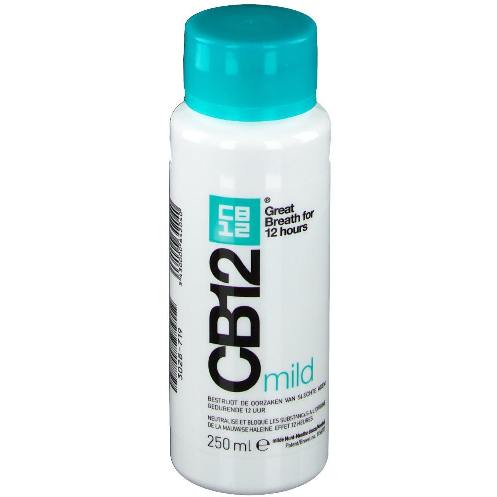 Flacone bianco con tappo turchese. Scritta CB12 mild, 250 ml. Testo: Great Breath for 12 hours.