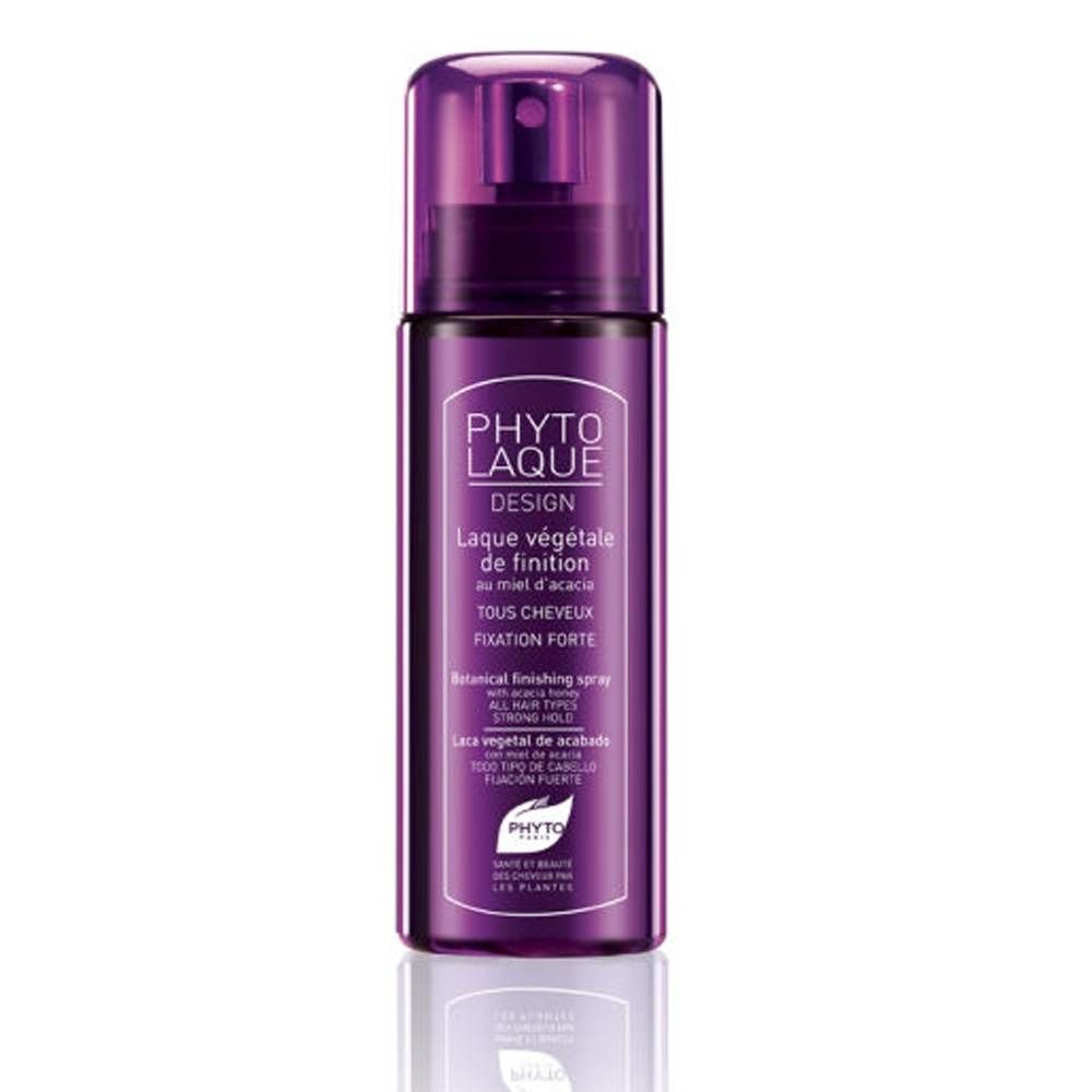 Flacon spray violet. Nom du produit et texte. Fixation forte. Spray de finition botanique.