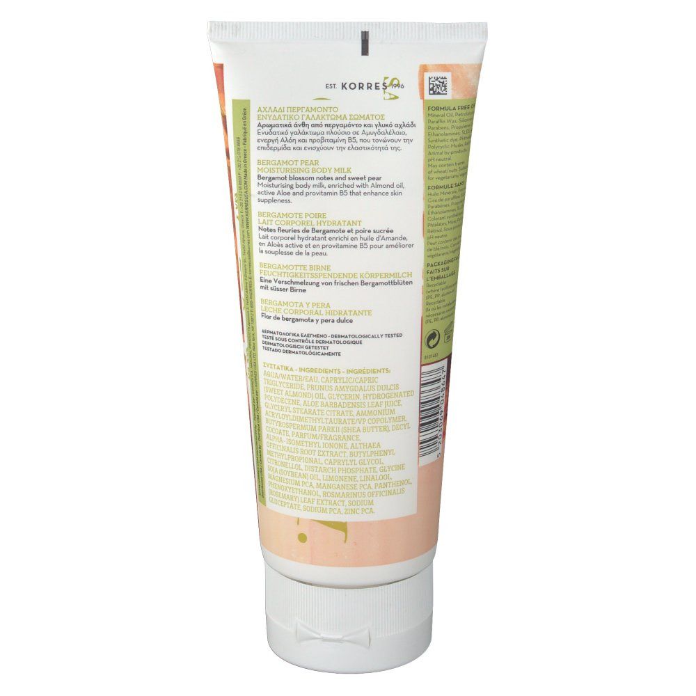 Dos du tube de lait corporel. Étiquette avec informations sur le produit, ingrédients et texte en plusieurs langues.