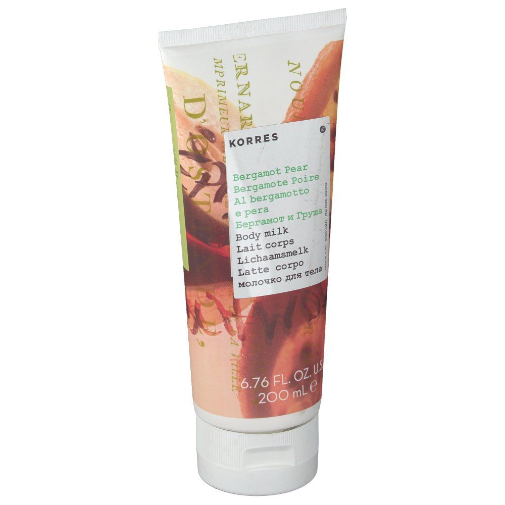 Tube de lait corporel avec bouchon blanc. Inscription KORRES, nom du produit, indication de volume 200 ml.