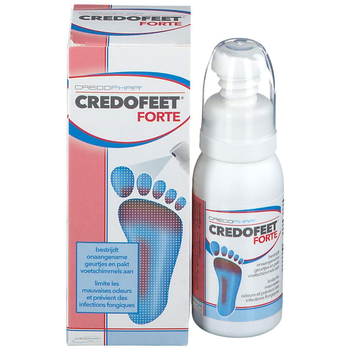 Produit Credophar Credofeet Forte et emballage. Flacon et boîte avec illustration d'empreinte de pied.