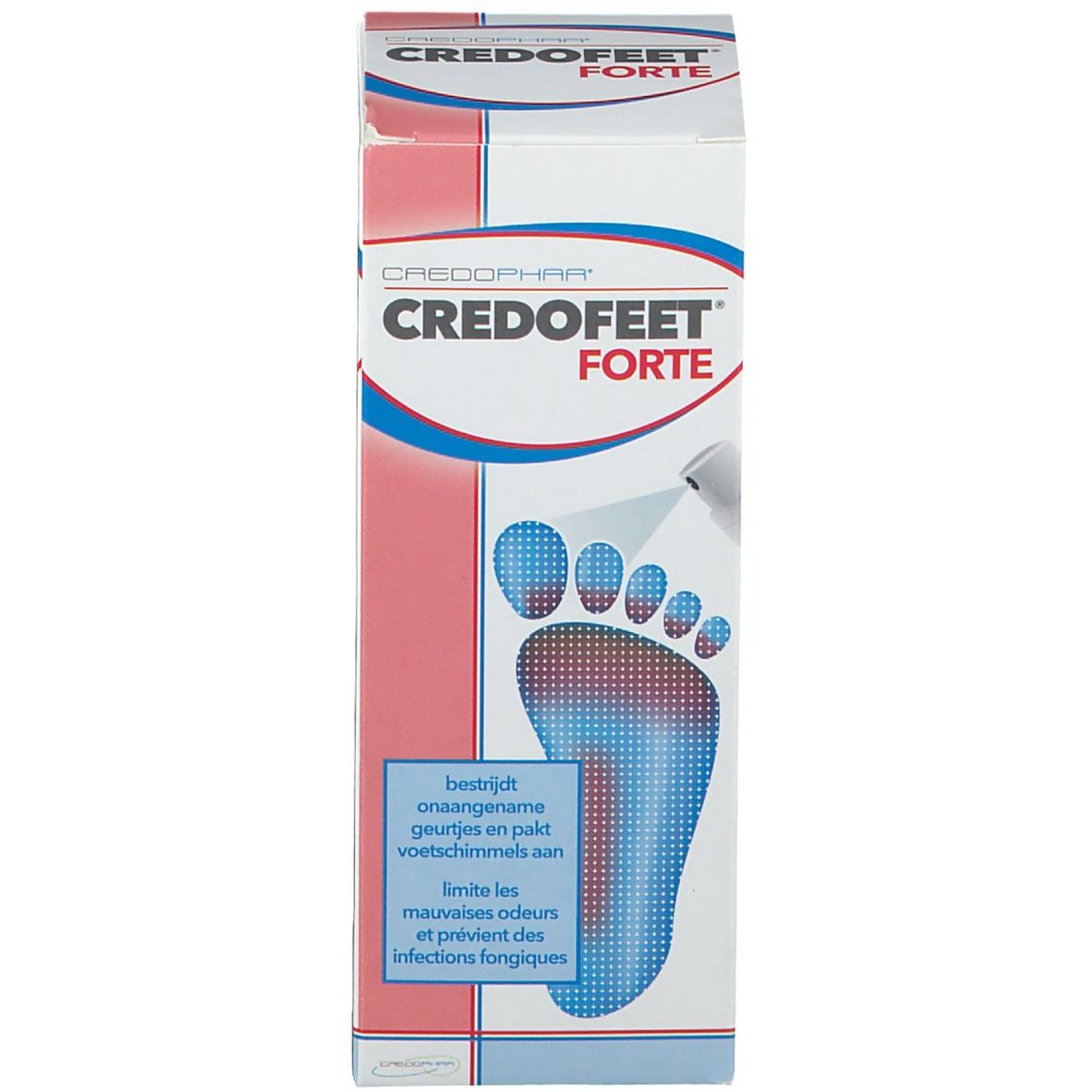 Emballage de Credophar Credofeet Forte. Boîte avec illustration d'empreinte de pied et nom du produit.