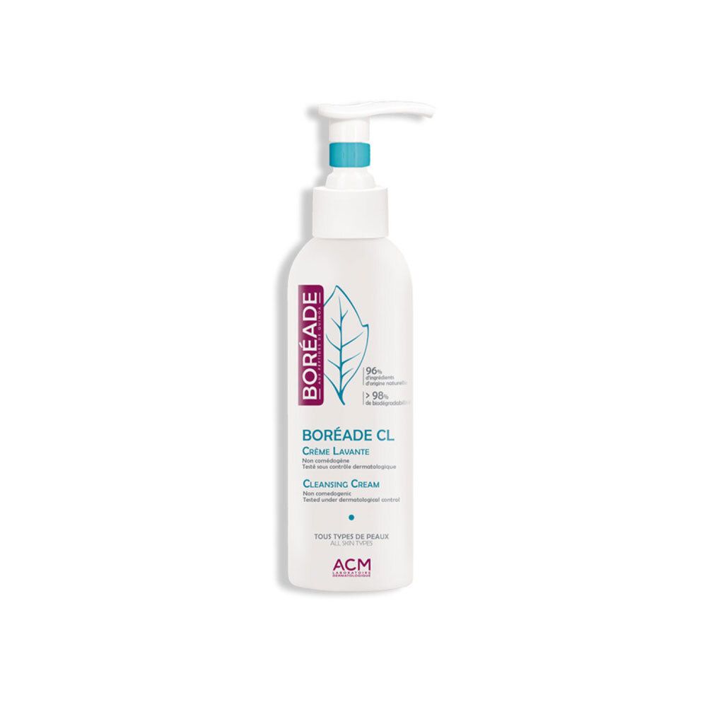 Witte fles met pomp. Opschrift Boréade CL Crème Lavante. Voor alle huidtypes.