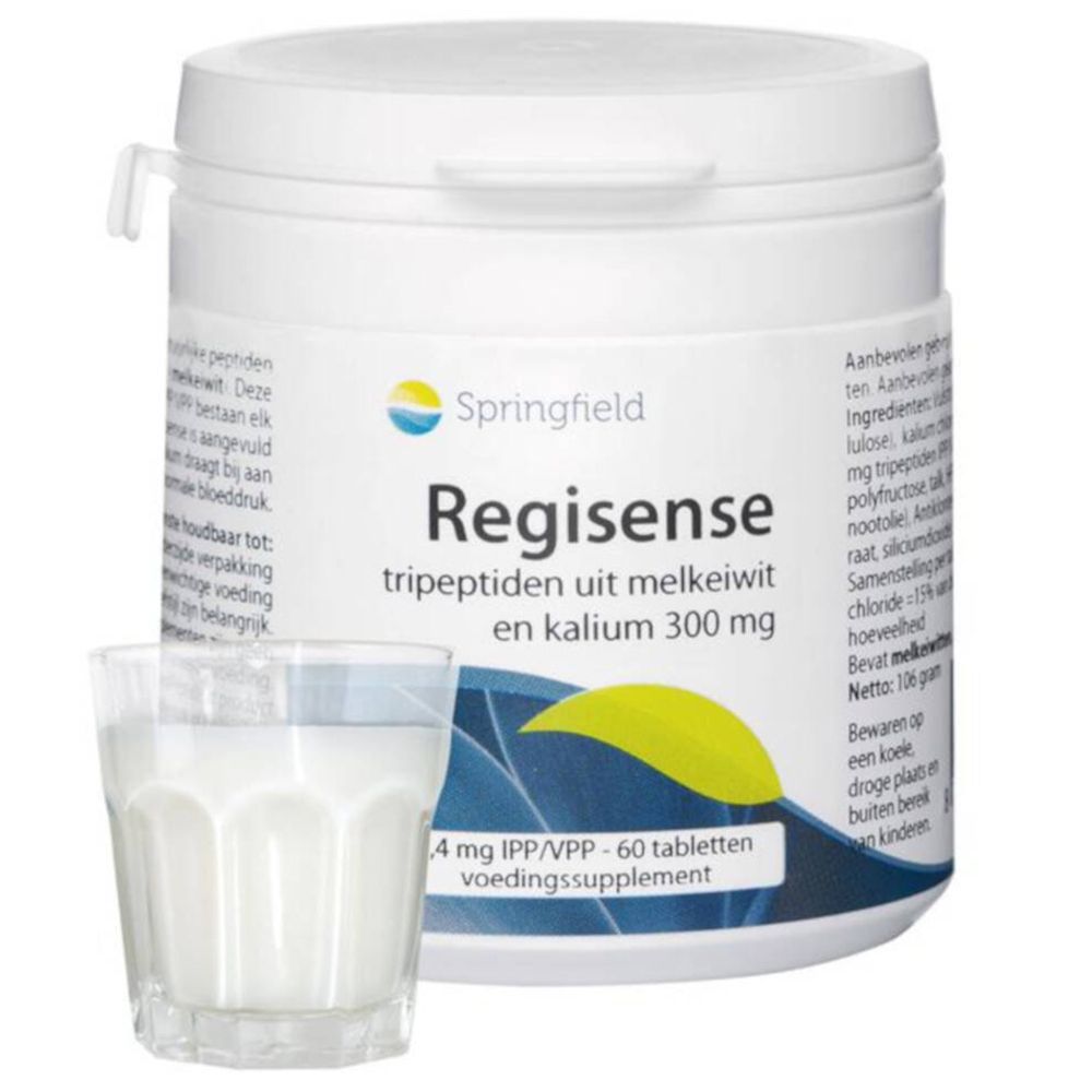 Produit blanc RegiSense avec verre de lait. Inscription : Tripeptides de protéines de lait et potassium 300 mg. 60 comprimés.
