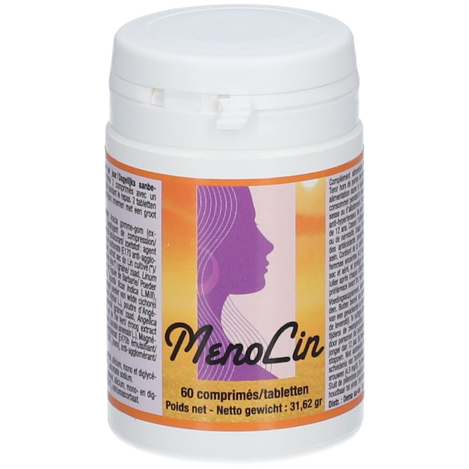 Flacon blanc avec étiquette. Profil féminin, "Menolin", 60 comprimés. Texte en français et néerlandais. Poids net 31,62 gr.
