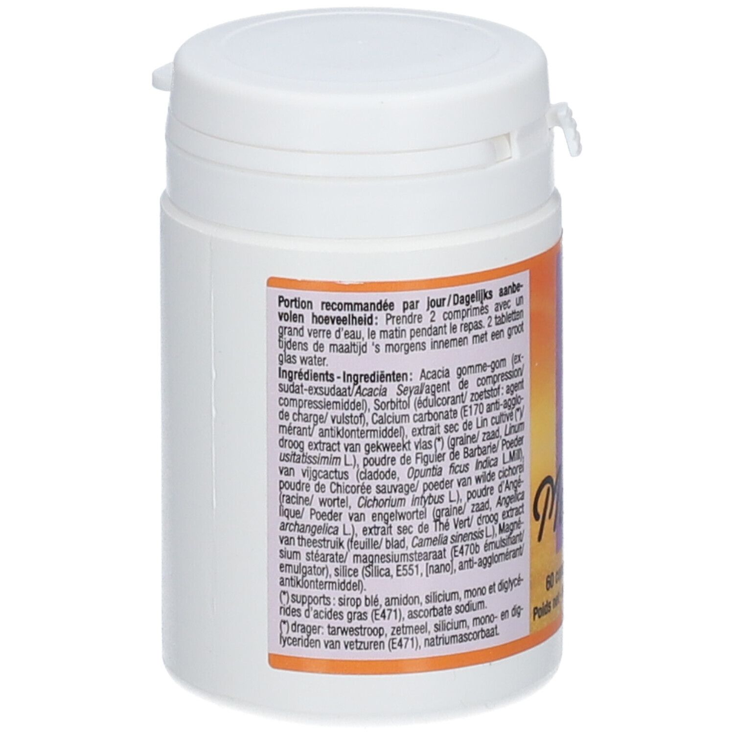Dos d'un flacon blanc. Texte en français et néerlandais. Liste des ingrédients, recommandation de dosage, avertissements.