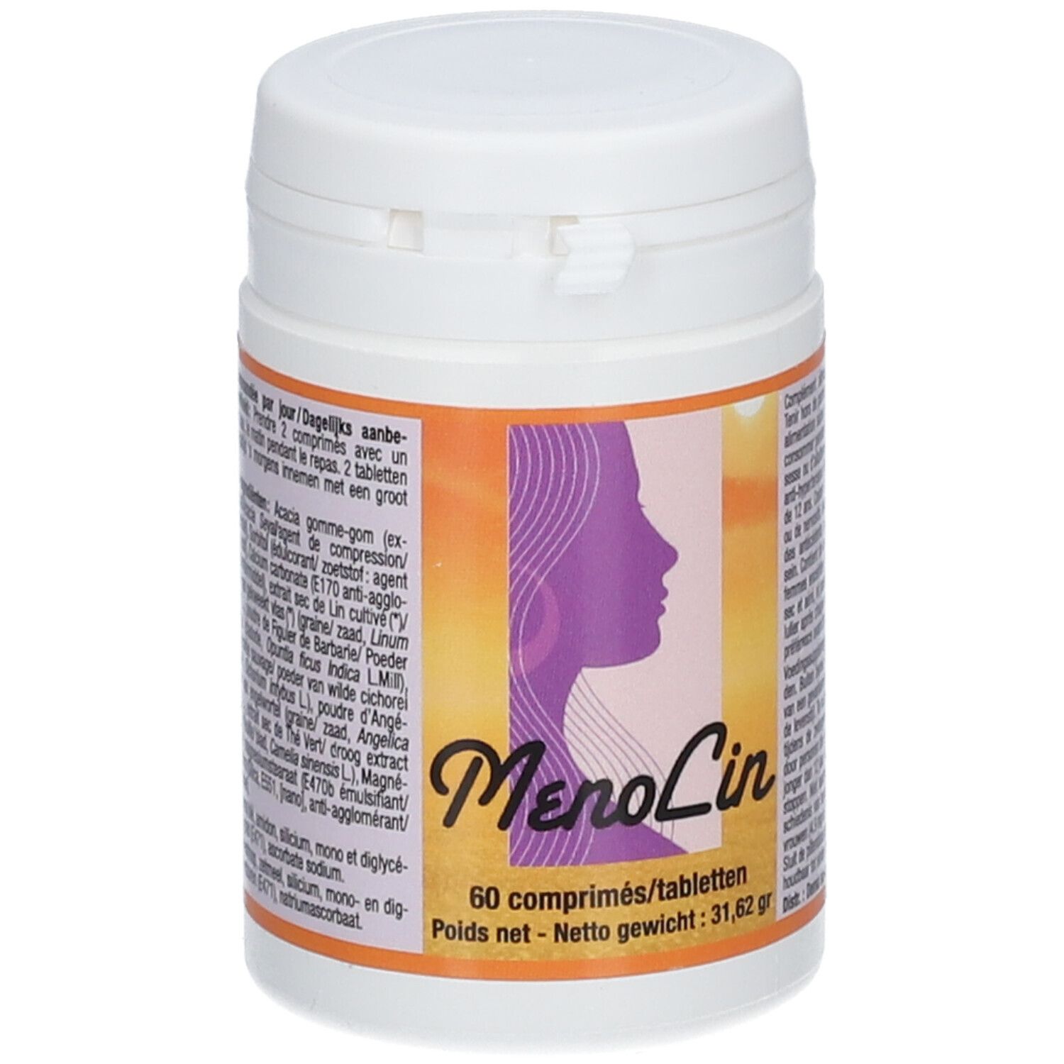 Flacon blanc avec étiquette. Profil féminin, "Menolin", 60 comprimés. Texte en français et néerlandais. Poids net 31,62 gr.