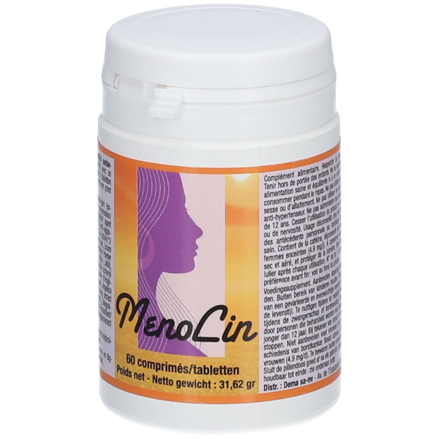 Flacon blanc avec étiquette. Profil féminin, "Menolin", 60 comprimés. Texte en français et néerlandais. Poids net 31,62 gr.