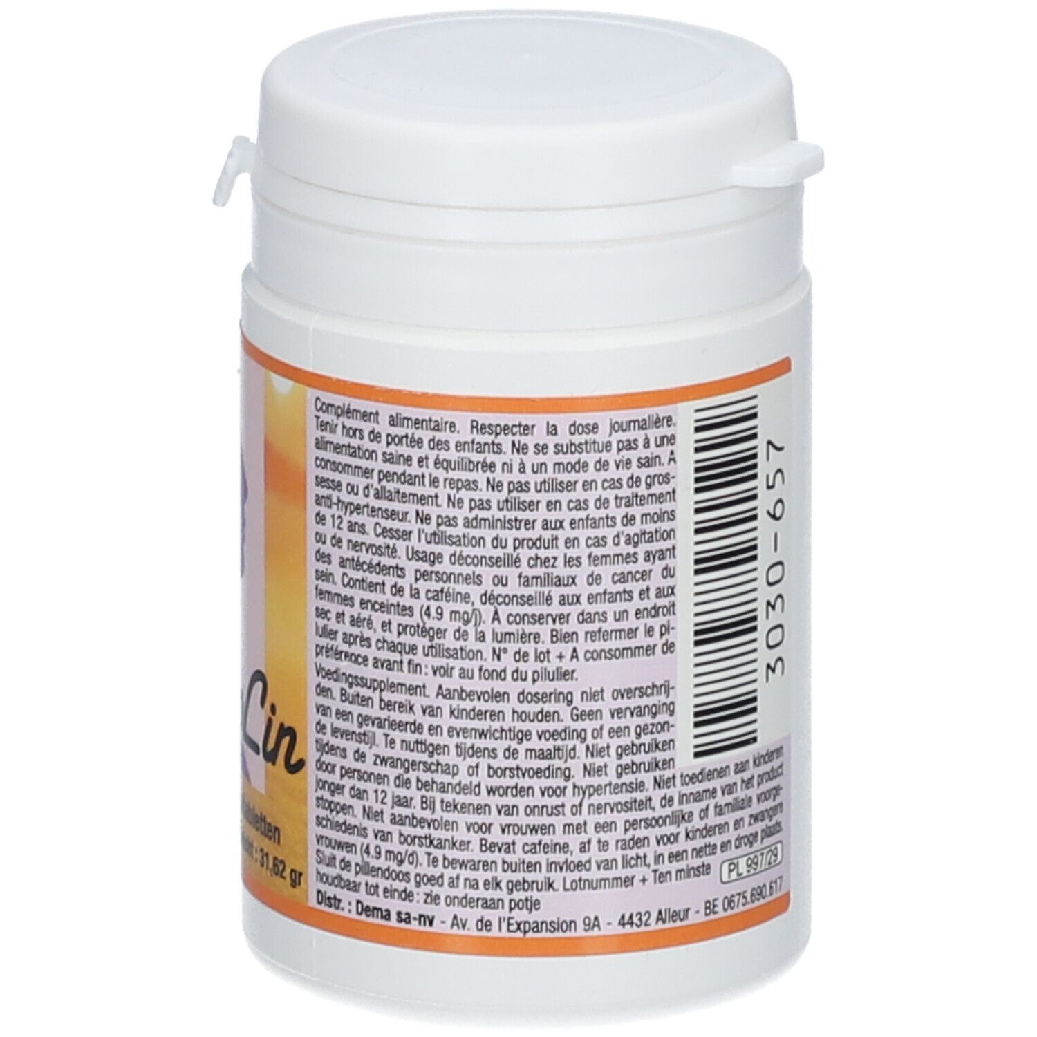 Dos d'un flacon blanc. Texte en français et néerlandais. Liste des ingrédients, recommandation de dosage, avertissements.